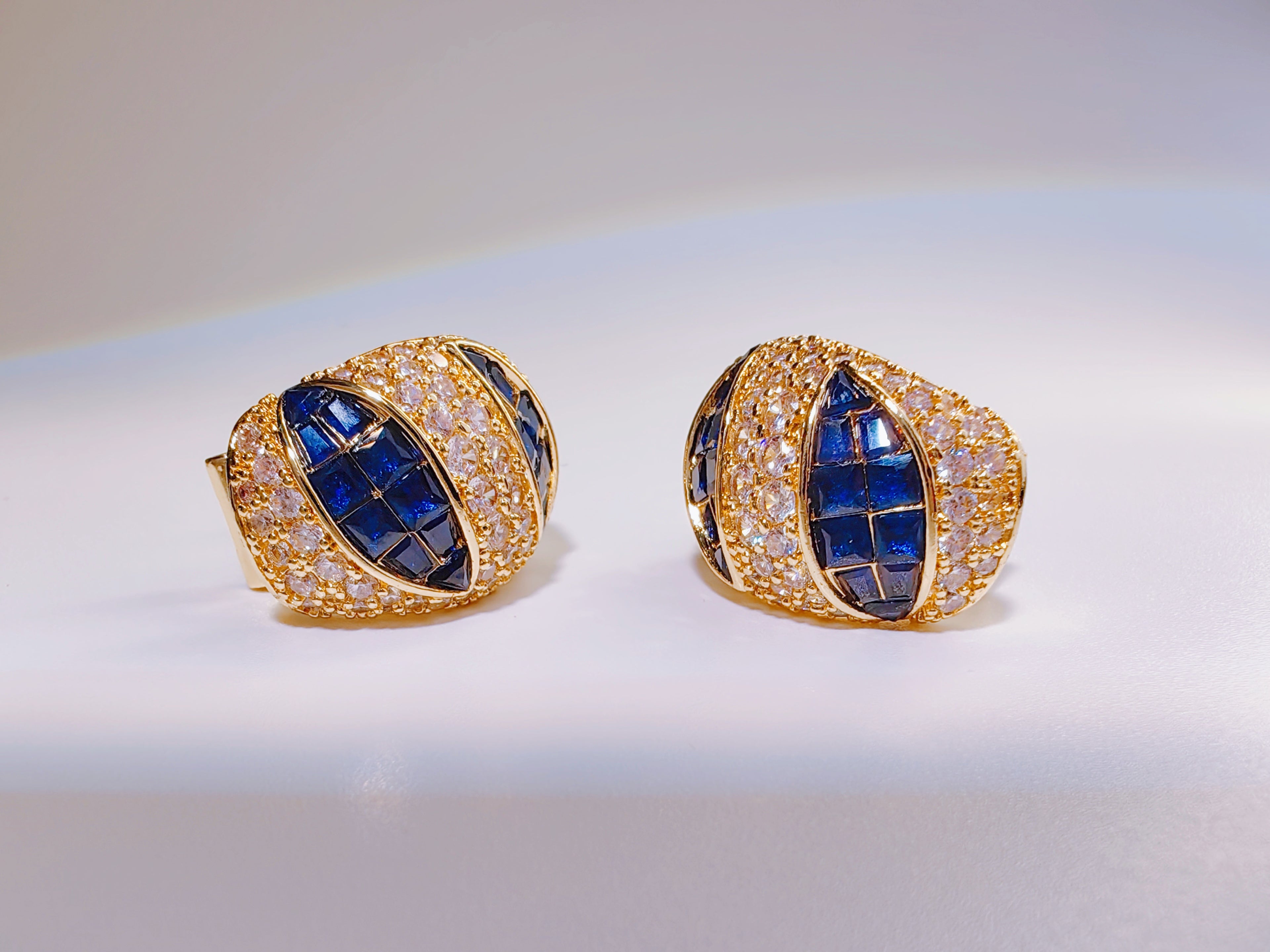 Gold-Tone Navy Blue and Clear CZ Huggie Earrings