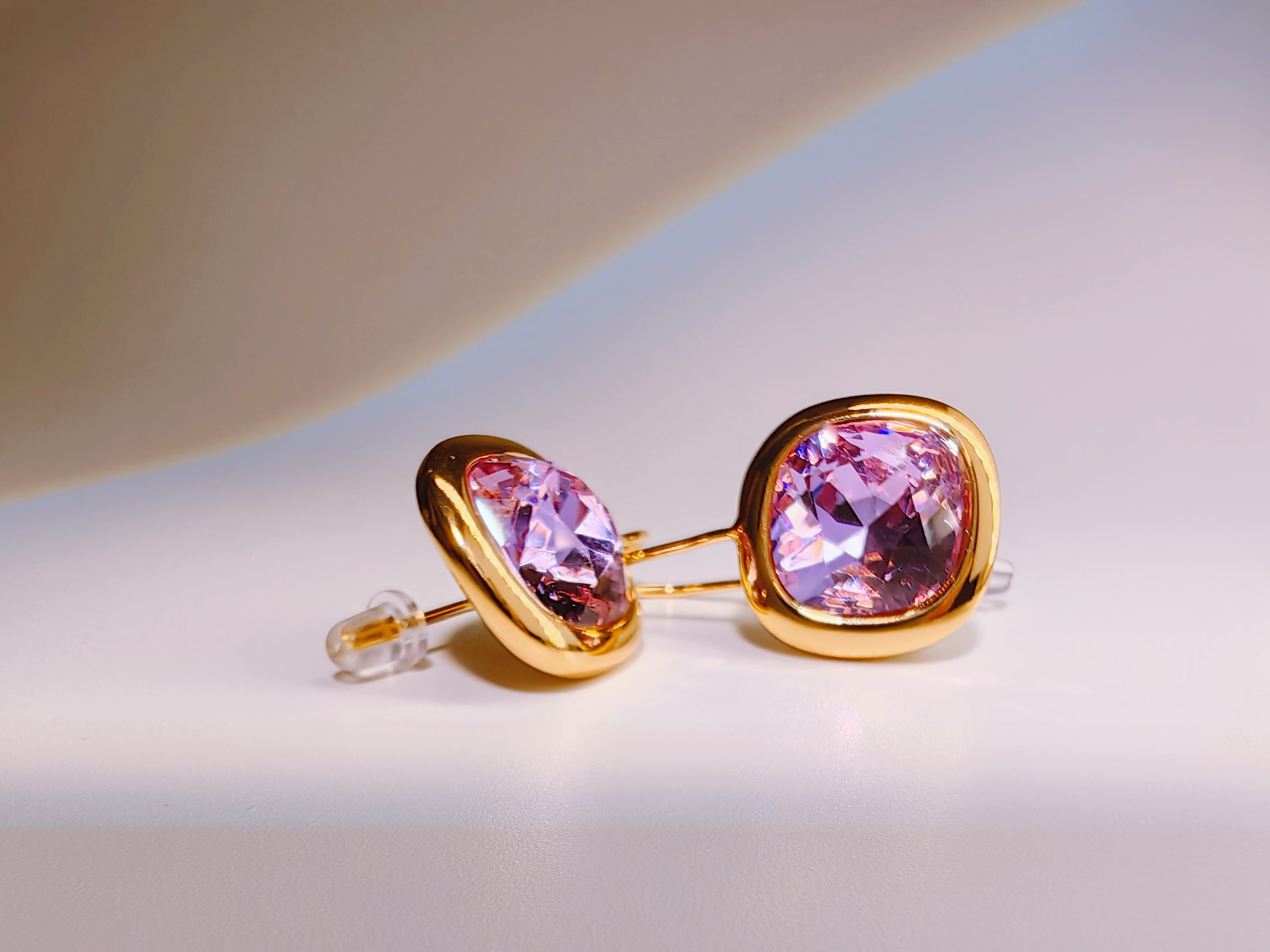 Gold Bezel Set Lavender Pink Crystal Stud Earrings