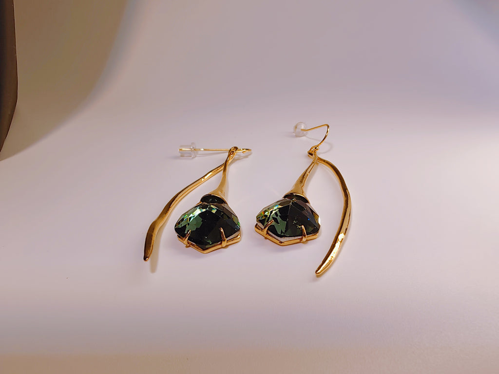 Gold-Plated Green Crystal Abstract Drop Earrings
