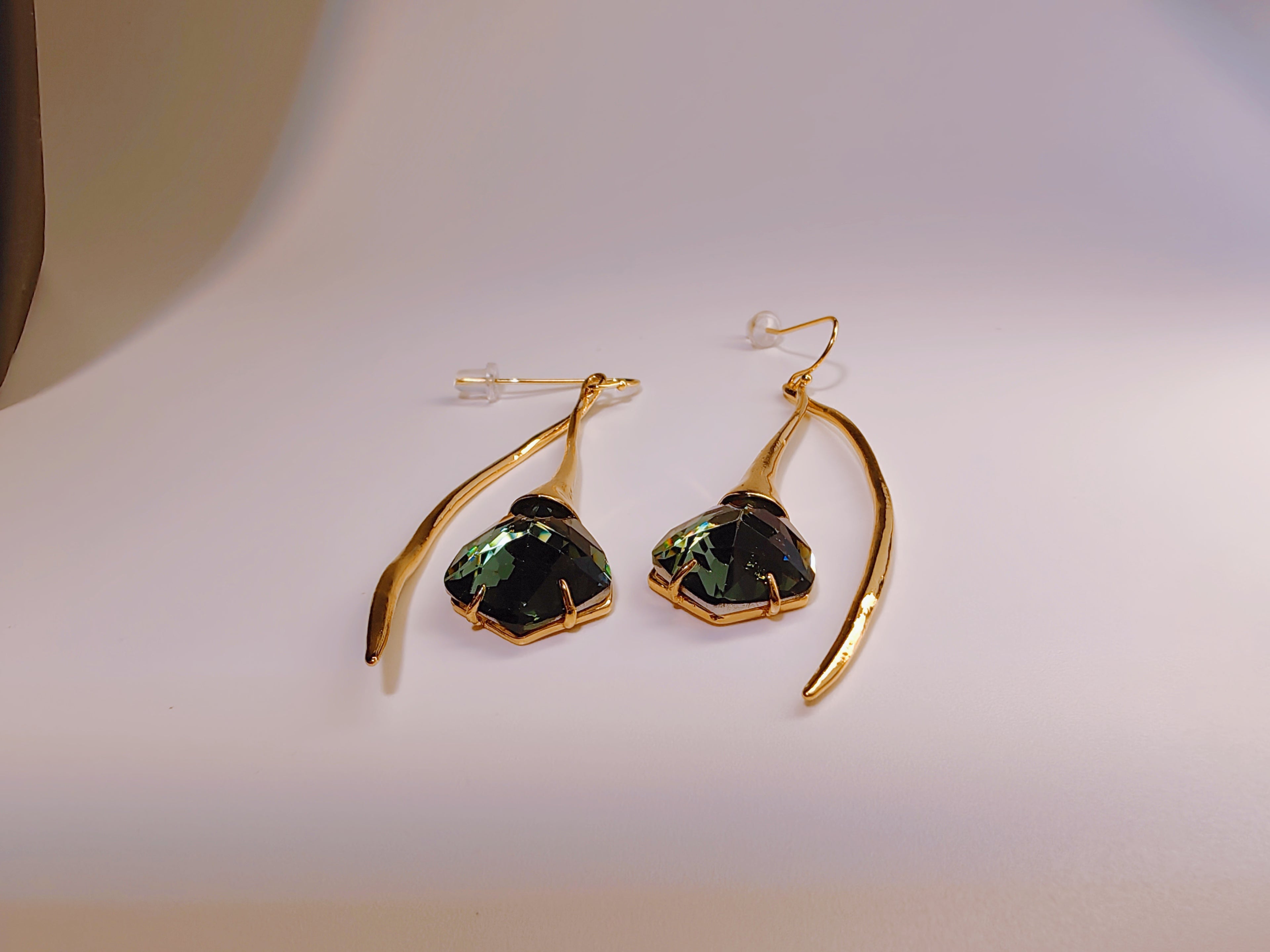 Gold-Plated Green Crystal Abstract Drop Earrings
