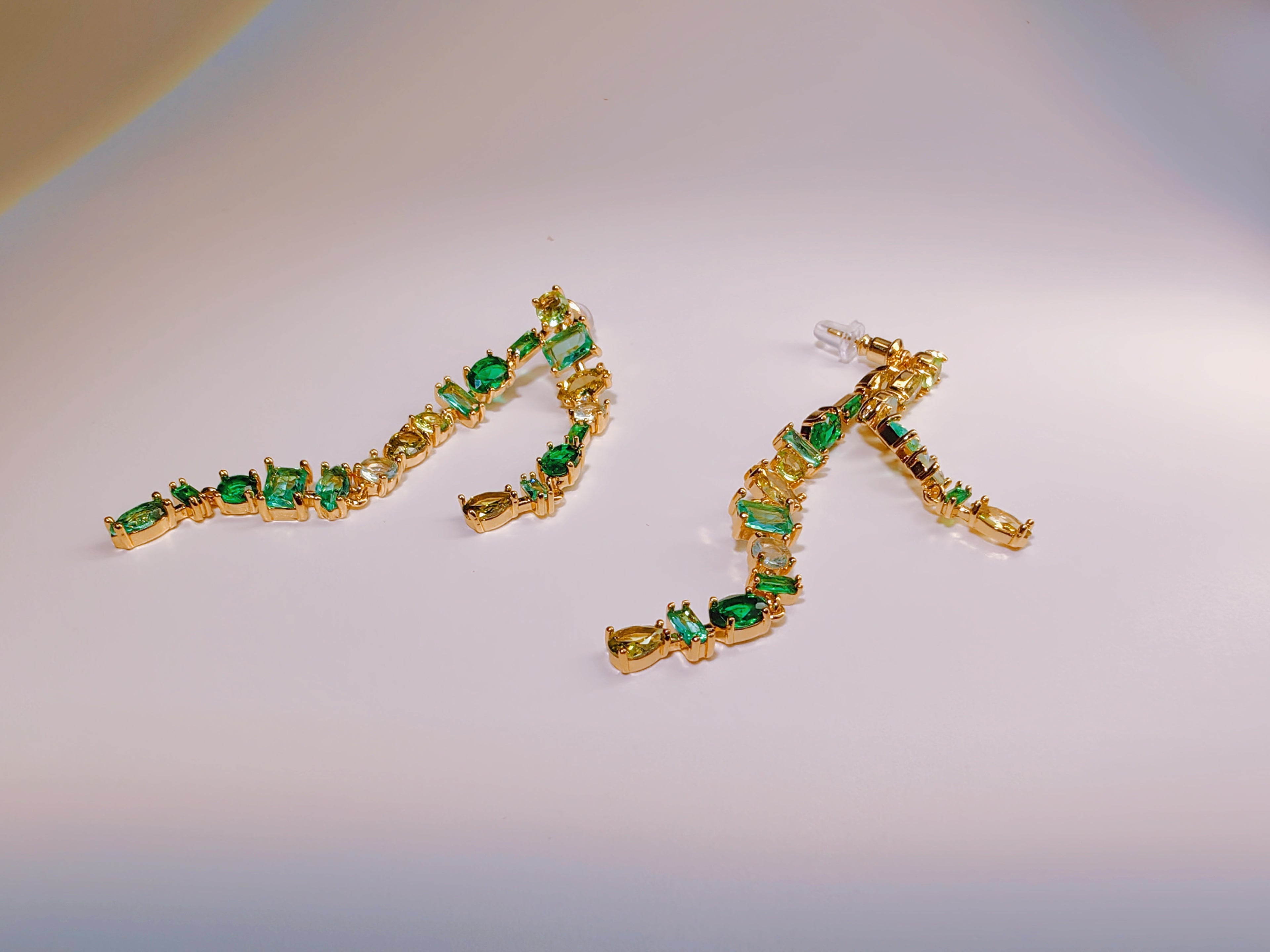Gold Tone Green Ombre Crystal Linear Drop Earrings