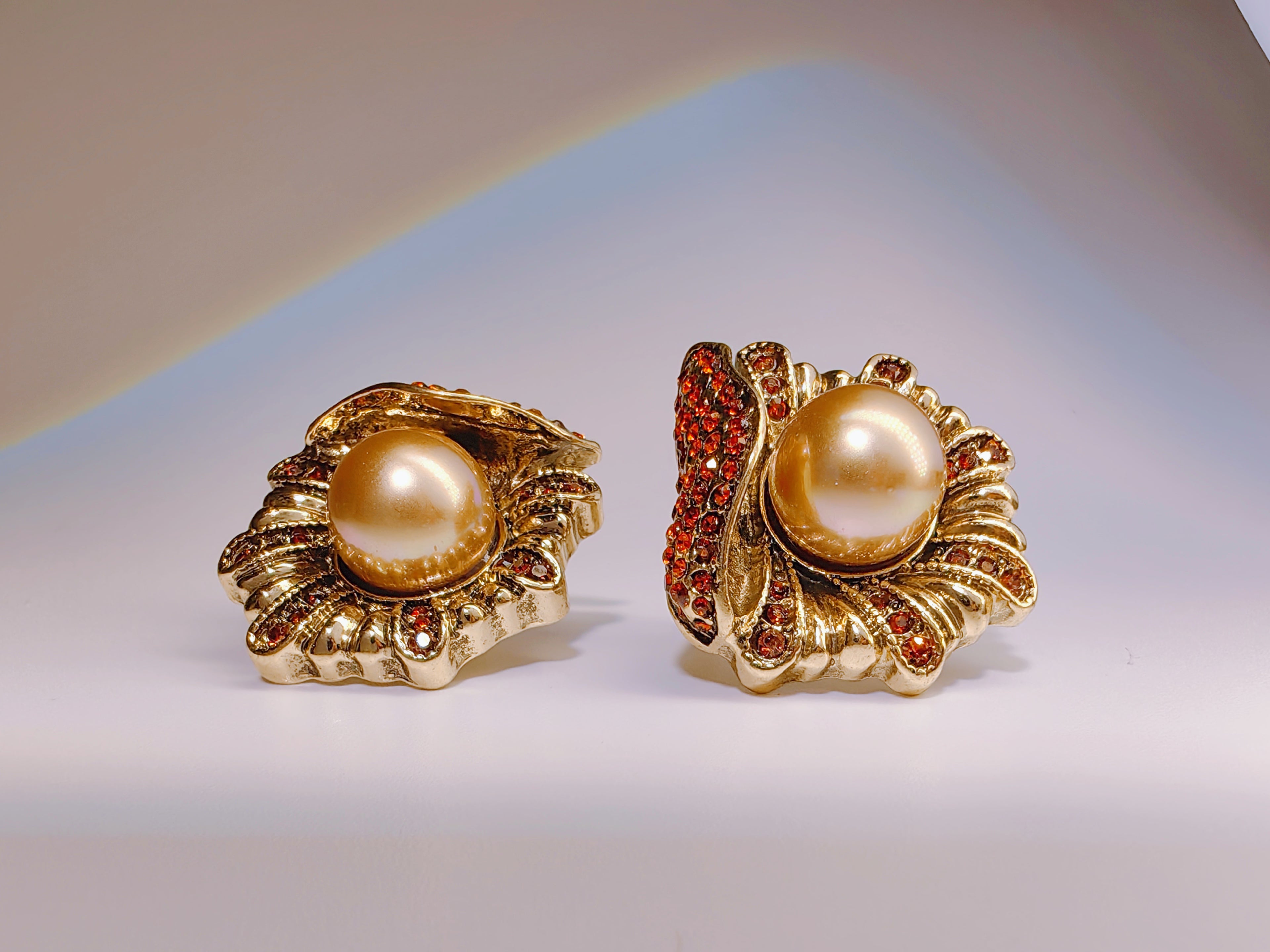 Antique Style Champagne Pearl & Red Crystal Studs