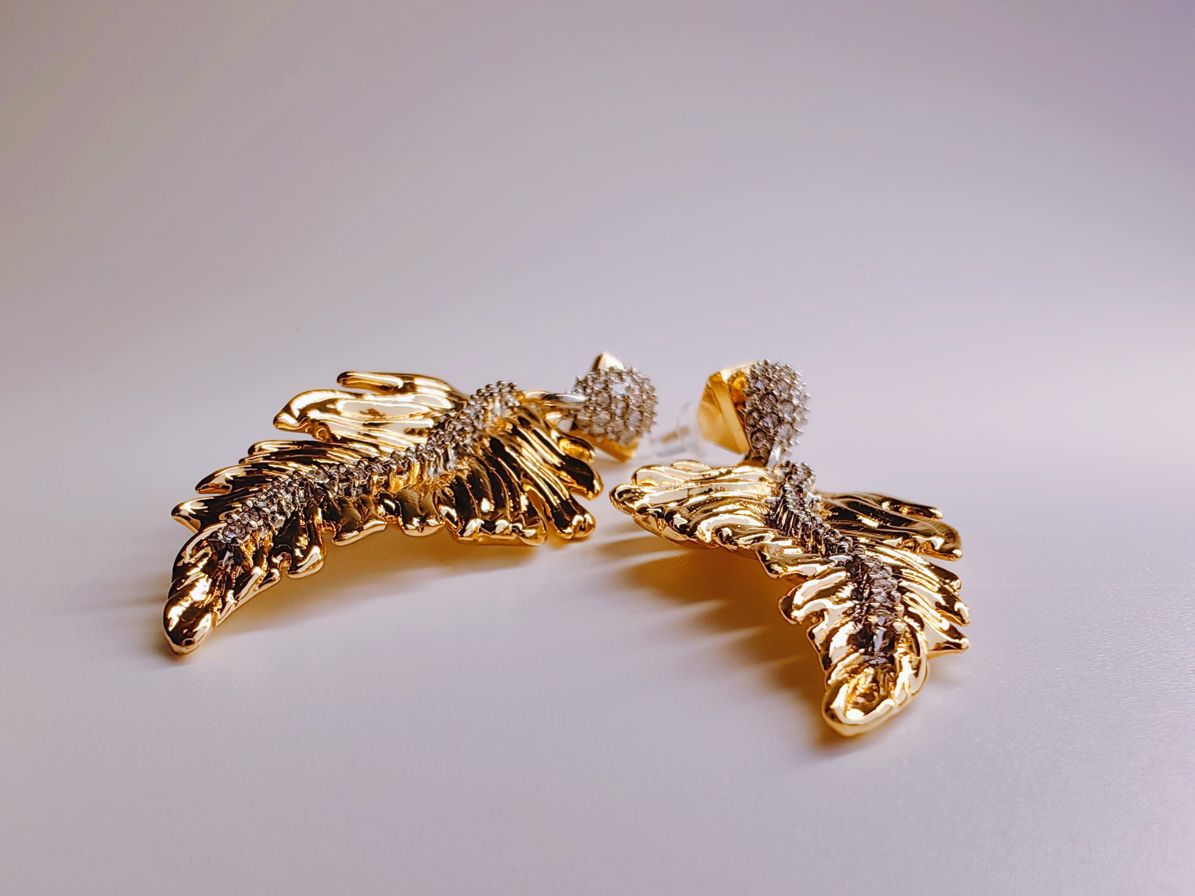 Gold-Plated Feather Drop Earrings with Pave CZ