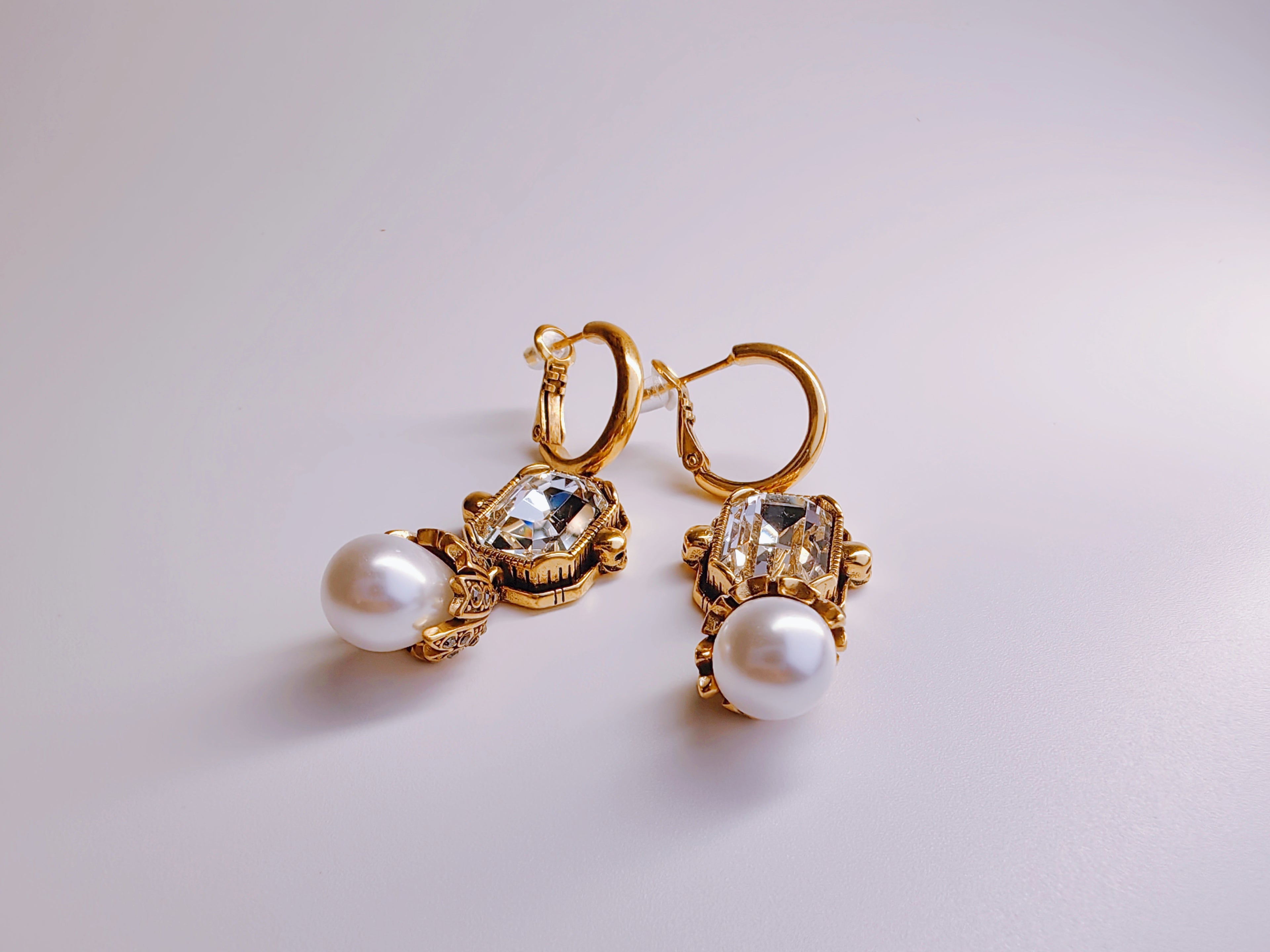 Antique Gold Skull & Pearl Drop Earrings