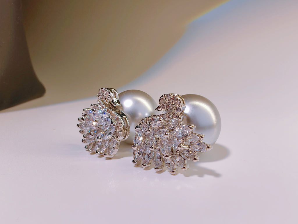 Cubic Zirconia Swan & Faux Pearl Reversible Studs