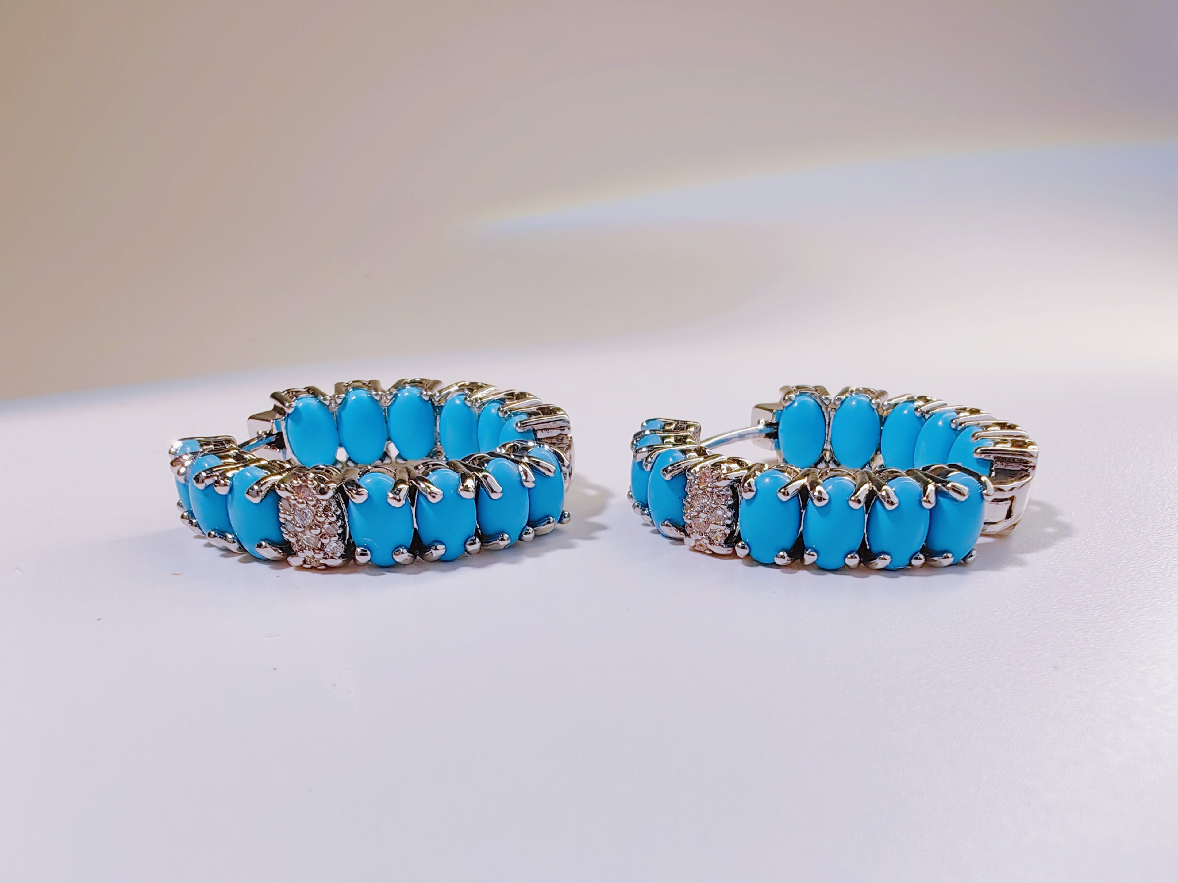 Silver-Tone Turquoise CZ Hoop Earrings