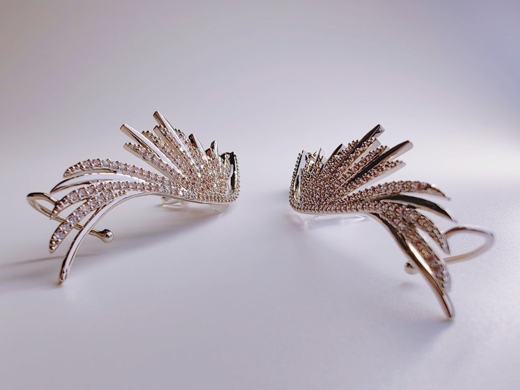 Silver-Plated CZ Feather Ear Climber Earrings