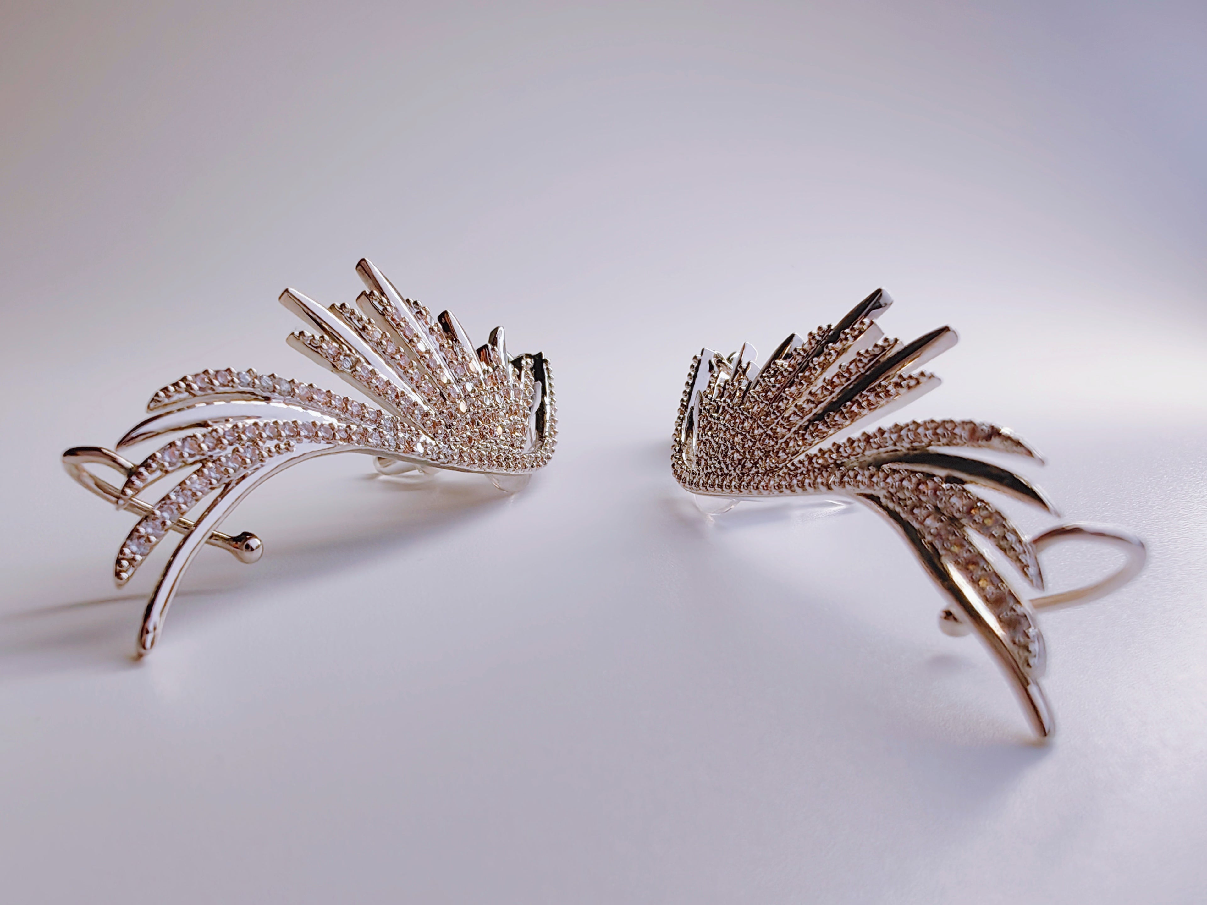 Silver-Plated CZ Feather Ear Climber Earrings