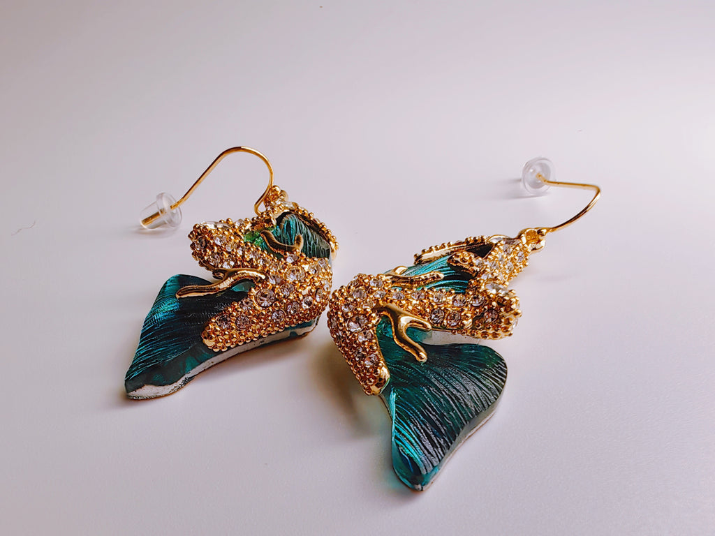 Gold-Plated Teal Enamel & CZ Butterfly Drop Earrings