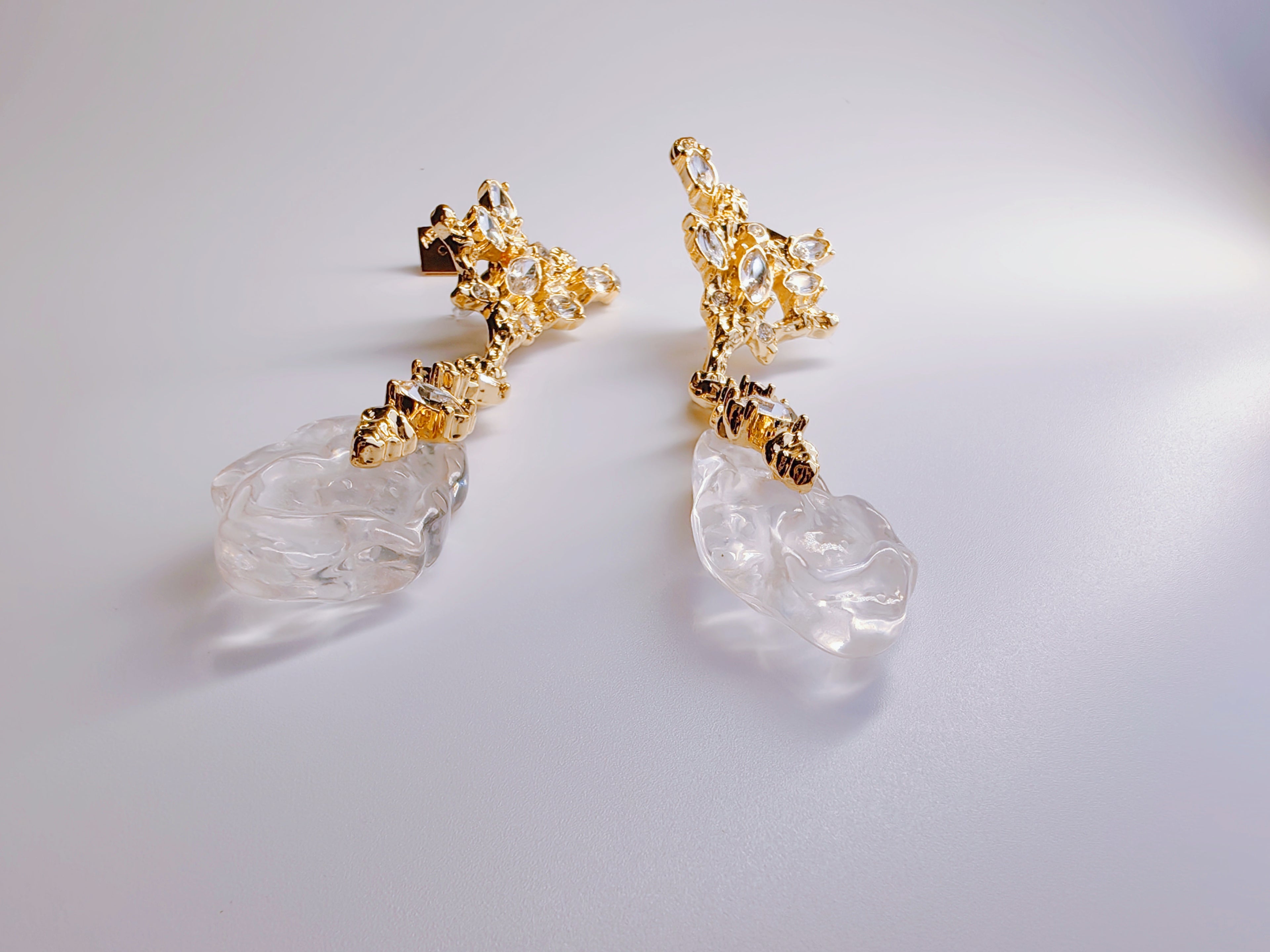 Ice Crystal & Gold Branch Statement Earrings