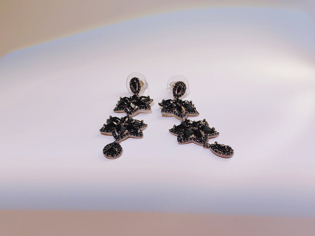 Black Gunmetal CZ Flower Drop Earrings