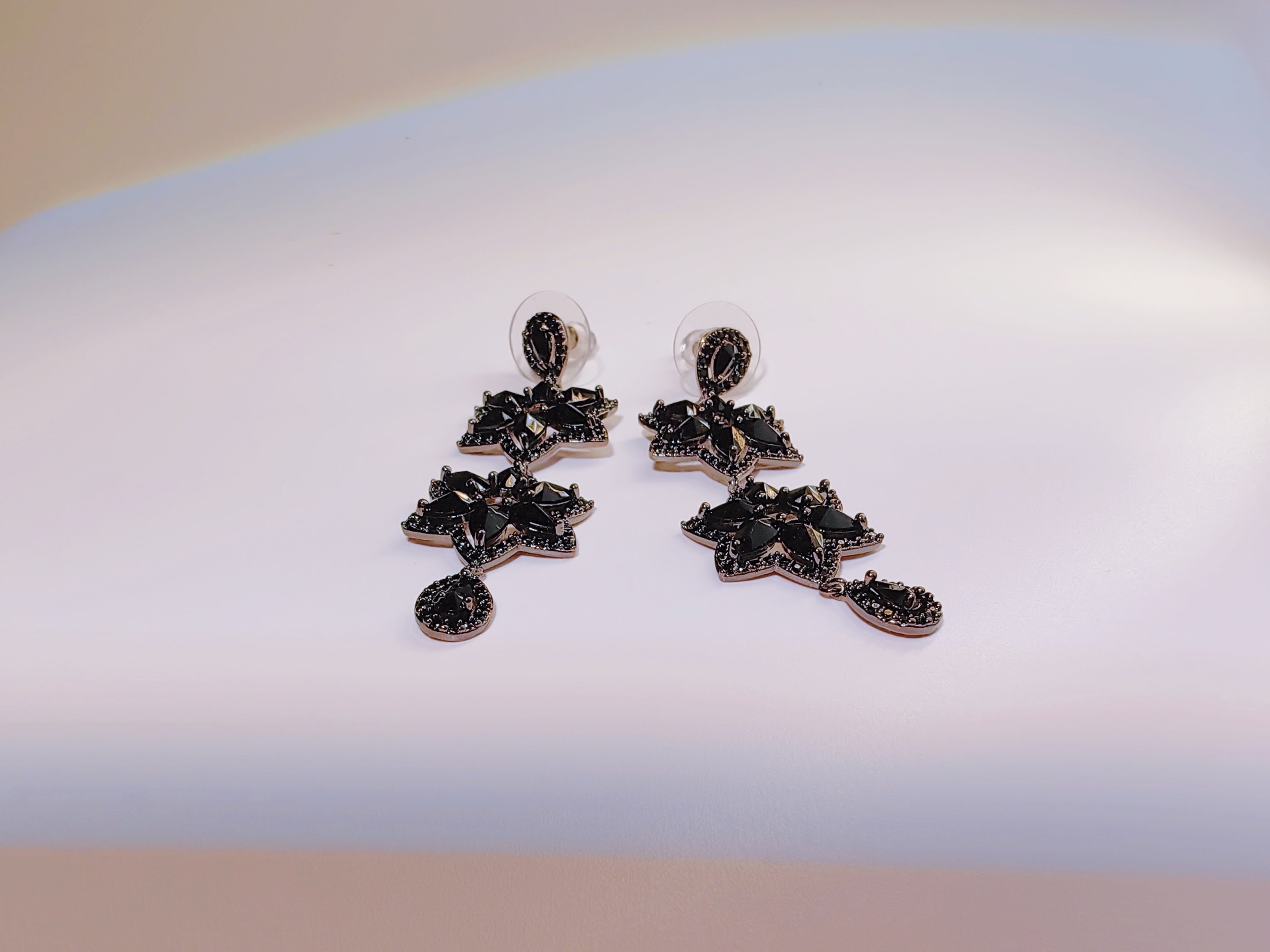 Black Gunmetal CZ Flower Drop Earrings