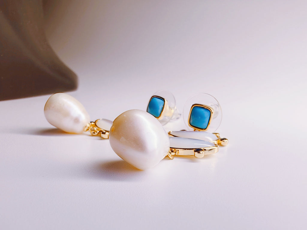 Gold-Plated Turquoise & Baroque Pearl Drop Earrings