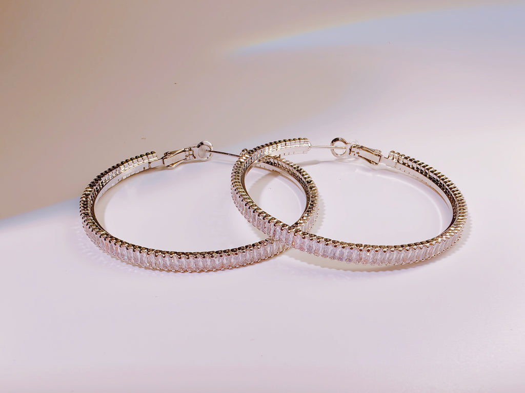 Silver-Tone Baguette Cut CZ Hoop Earrings