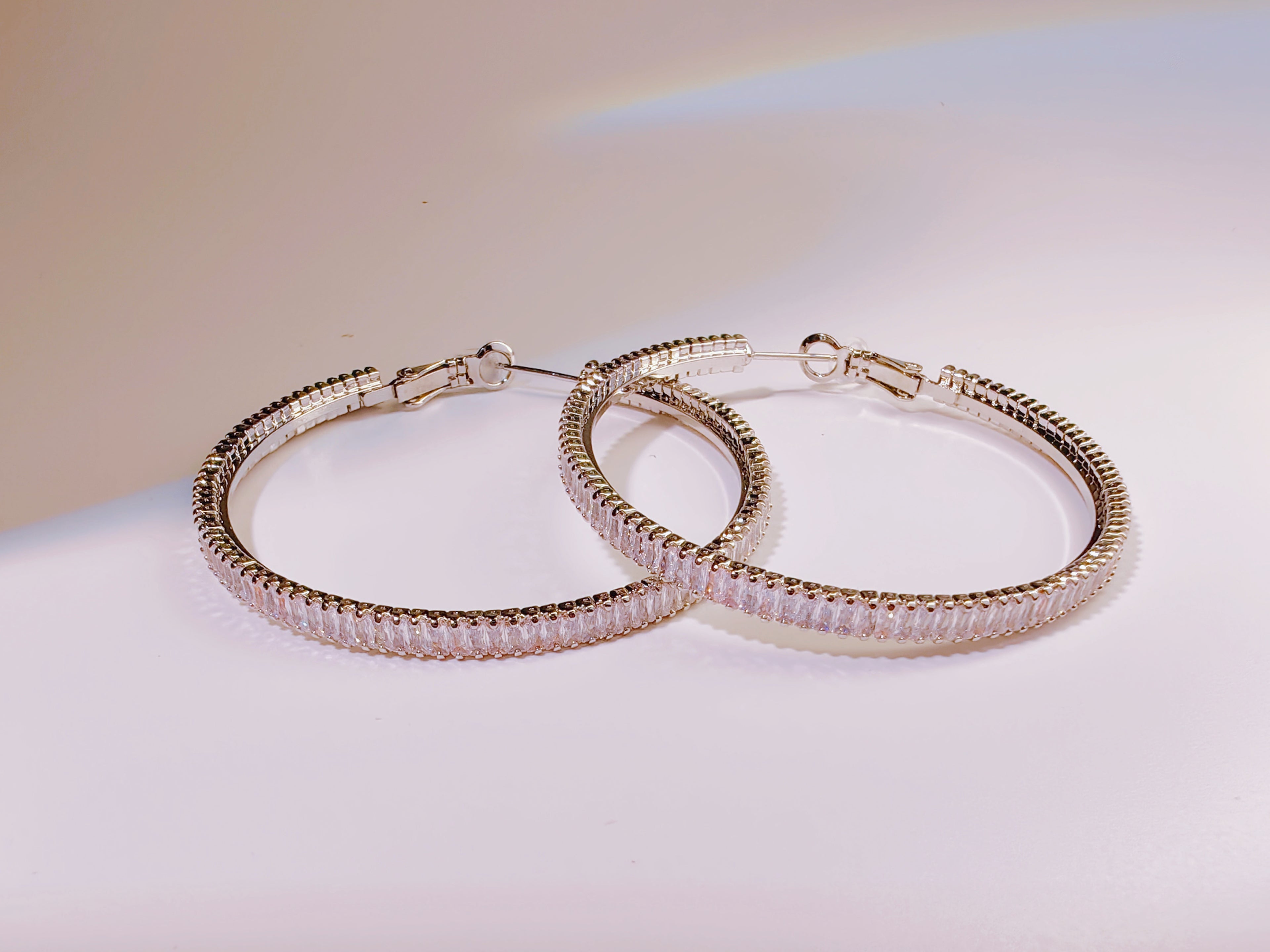 Silver-Tone Baguette Cut CZ Hoop Earrings