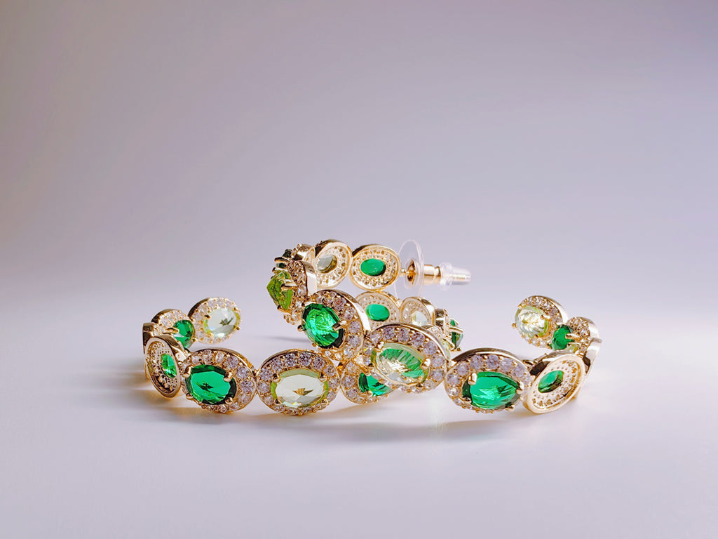 Gold-Plated Two-Tone Green Cubic Zirconia Hoop Earrings