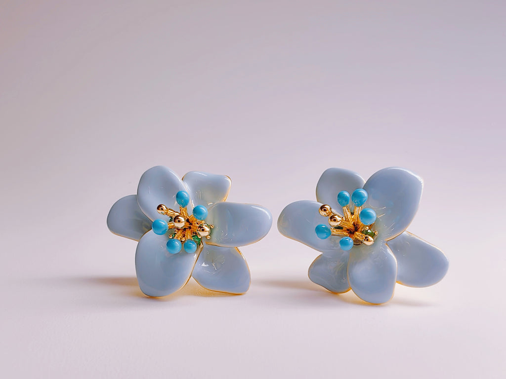 Gold-Plated Light Blue Enamel Flower Stud Earrings