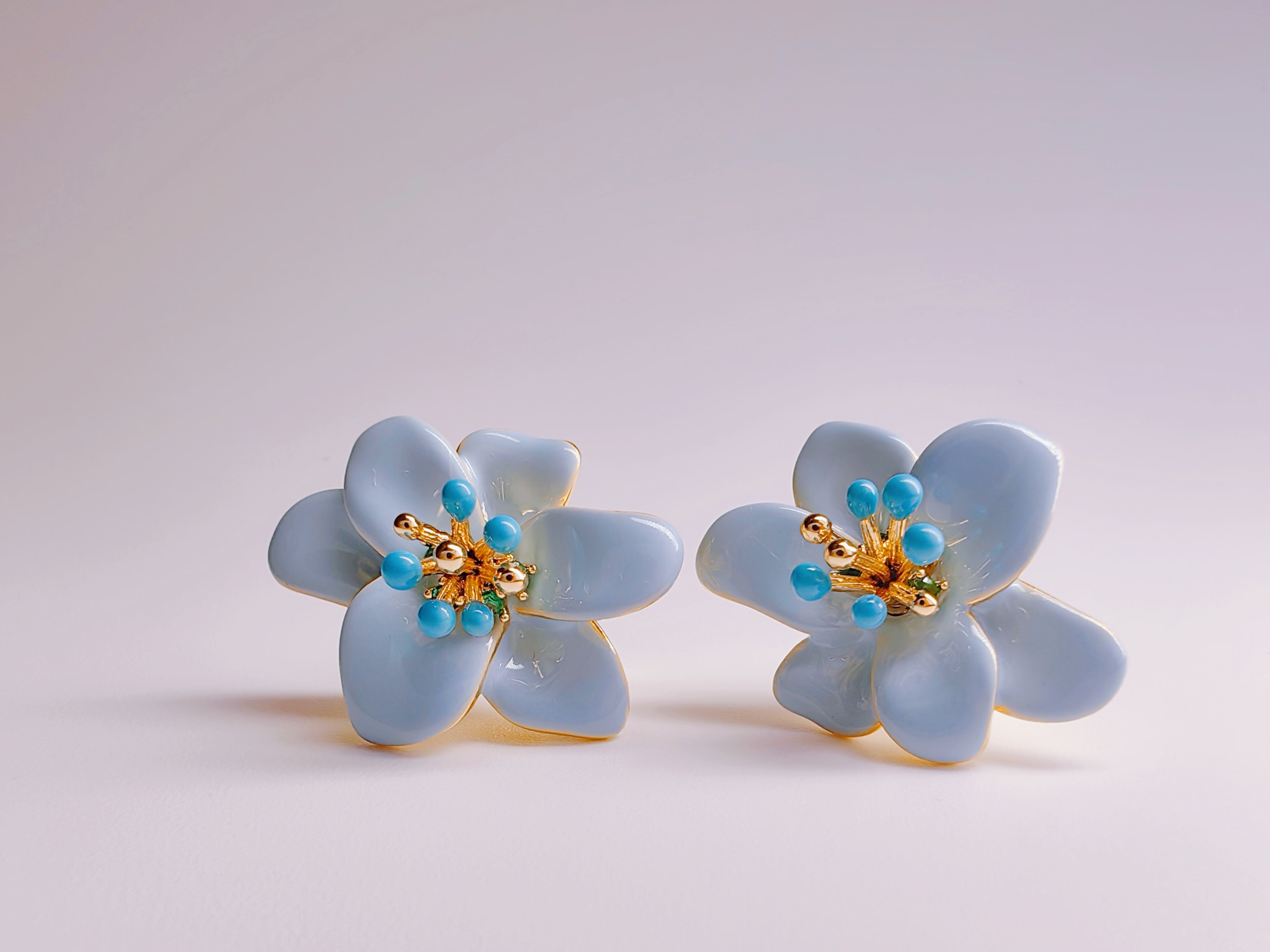 Gold-Plated Light Blue Enamel Flower Stud Earrings