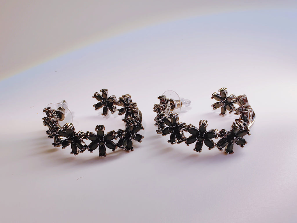 Gunmetal-Tone Black Crystal Flower Hoop Earrings
