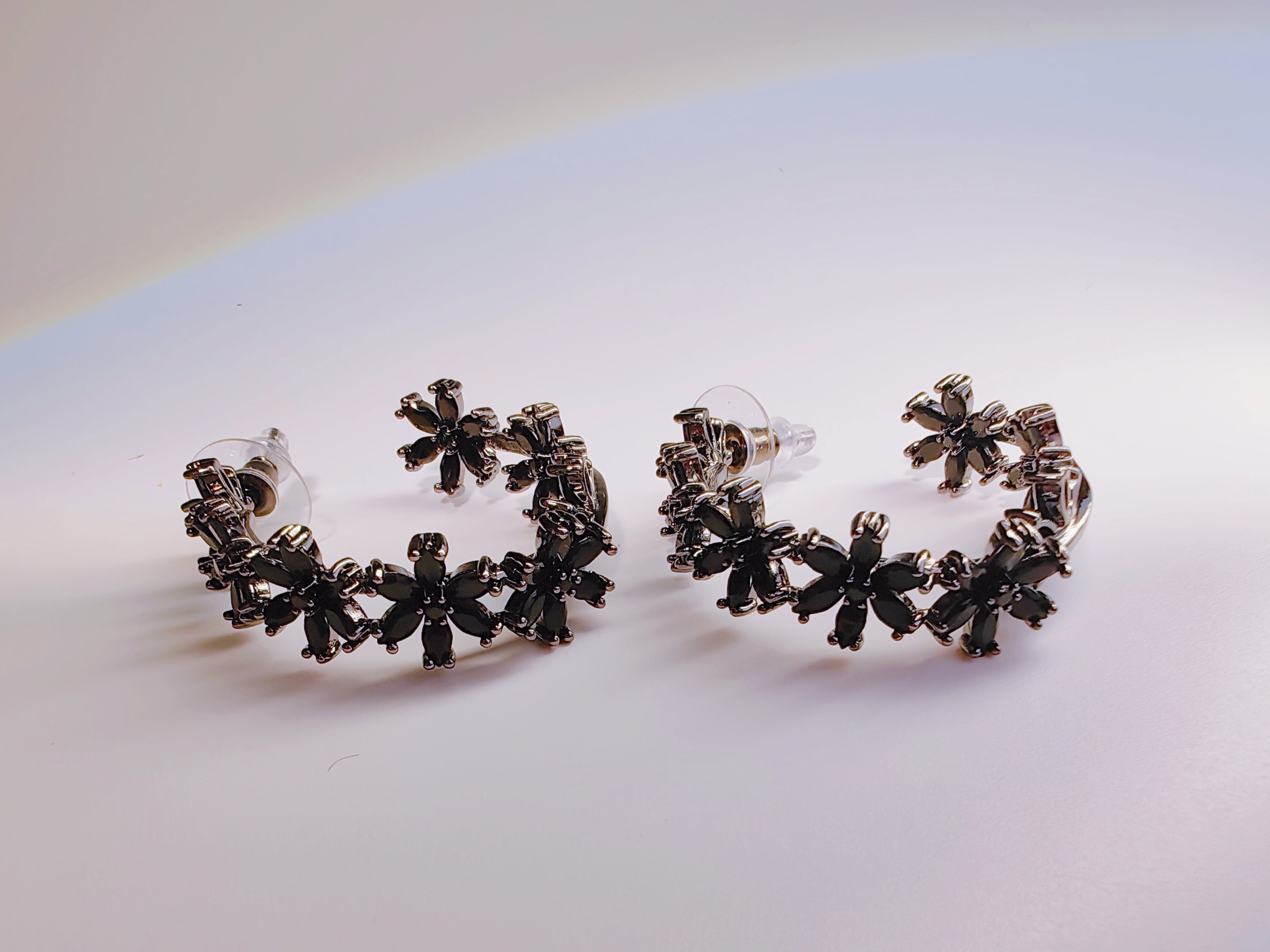 Gunmetal-Tone Black Crystal Flower Hoop Earrings