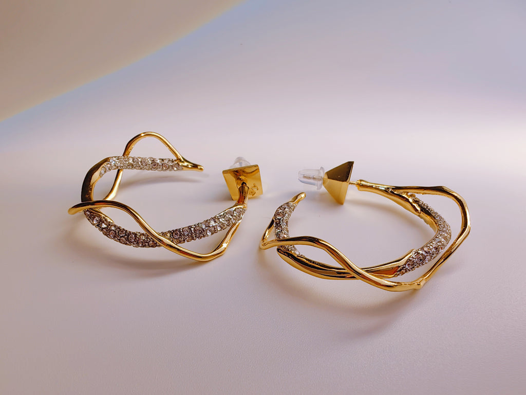 Pavé Crystal Wavy Gold Statement Hoops