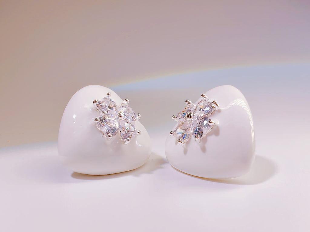 White Enamel Heart Stud Earrings with CZ Flower