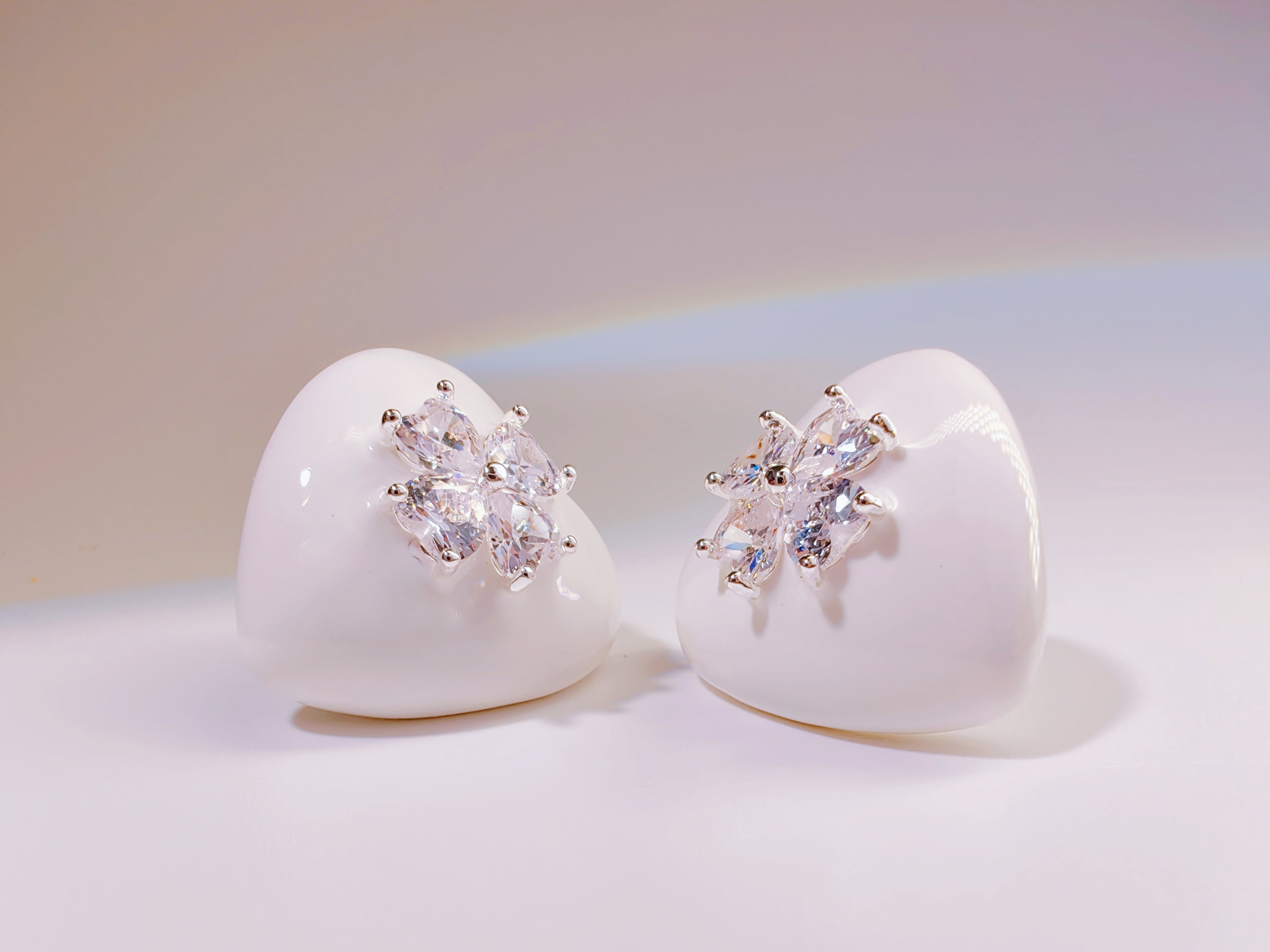 White Enamel Heart Stud Earrings with CZ Flower