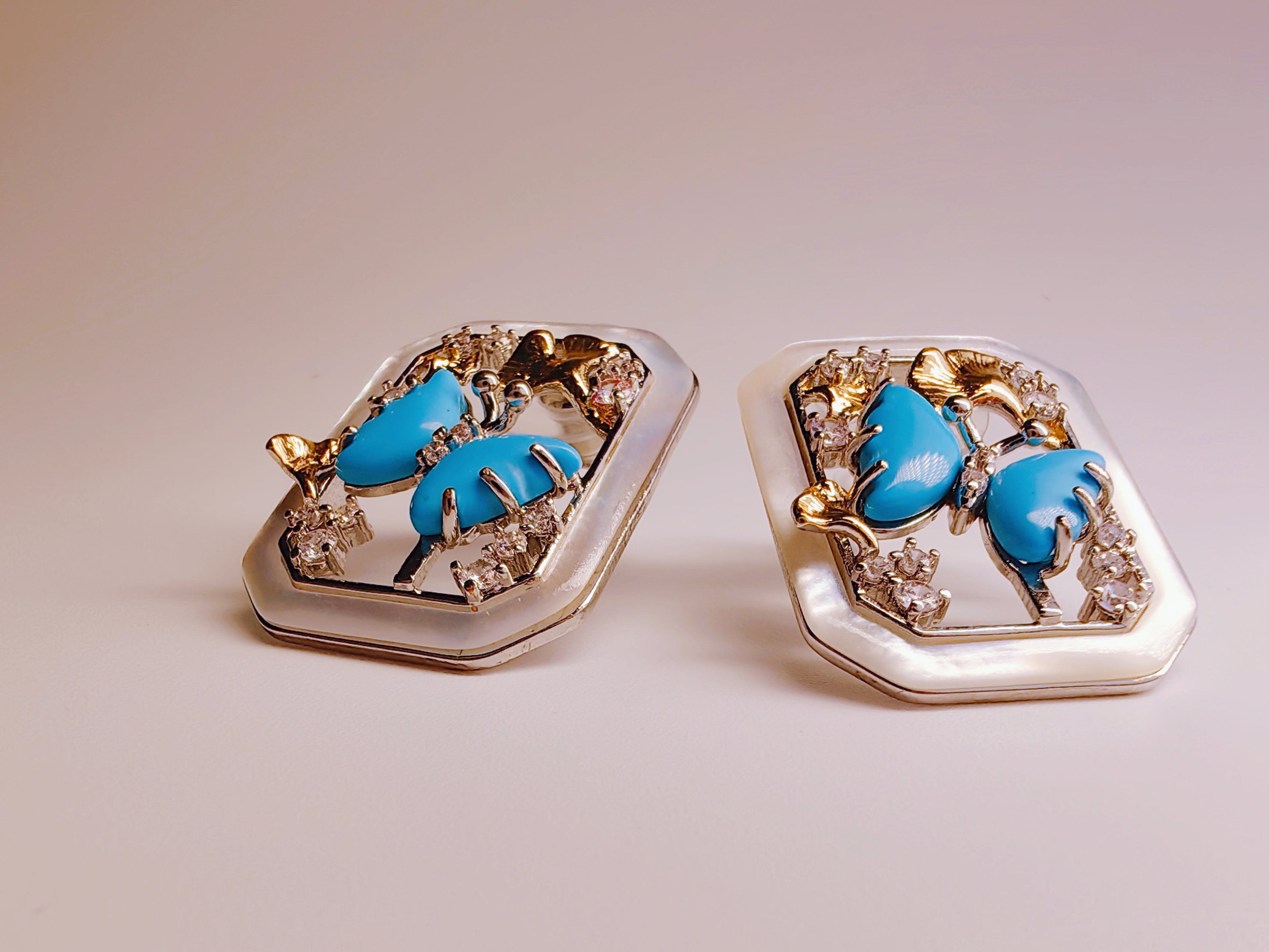 Silver-Plated Turquoise Style & Mother-of-Pearl Frame Stud Earrings
