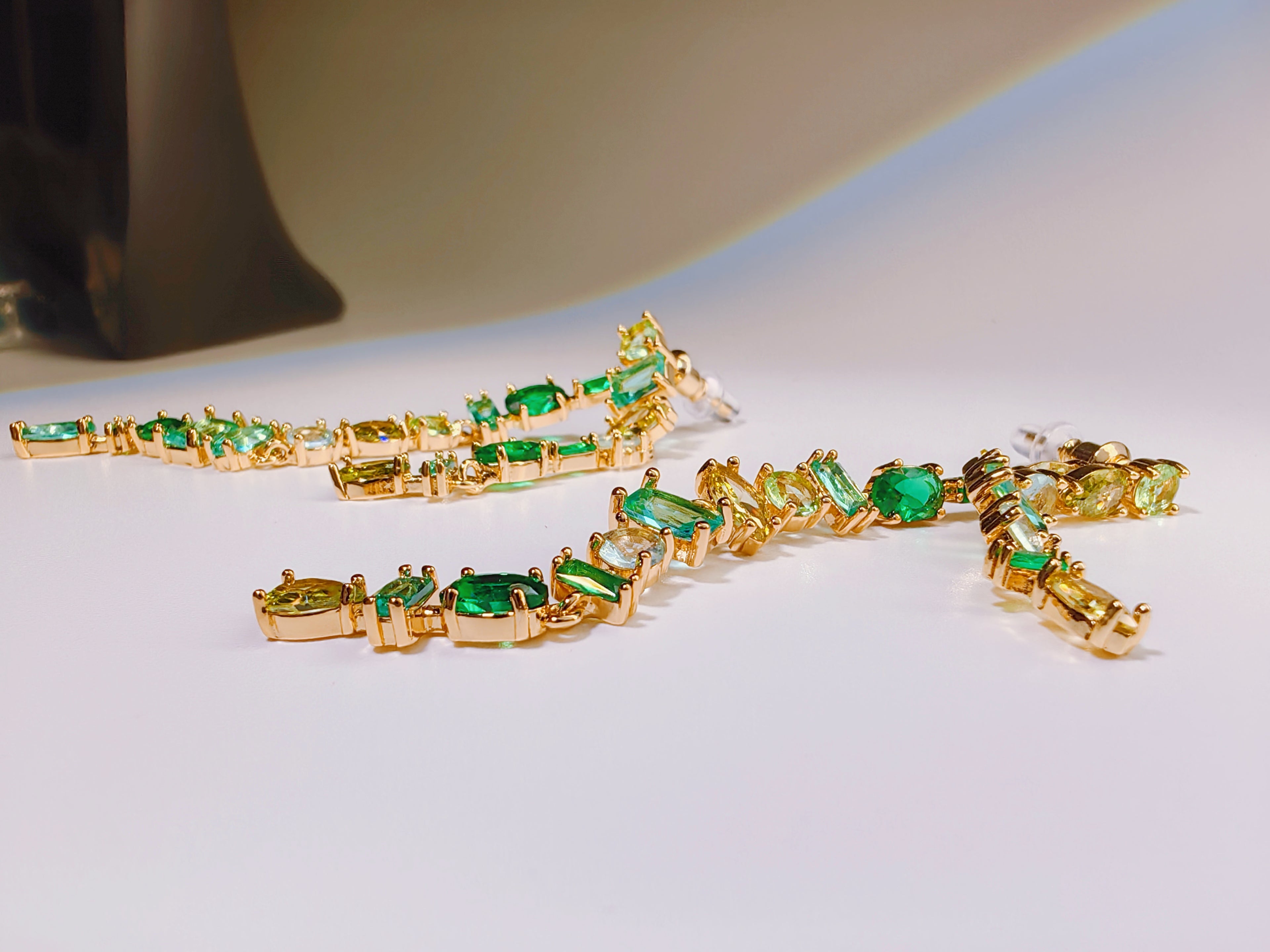Gold Tone Green Ombre Crystal Linear Drop Earrings