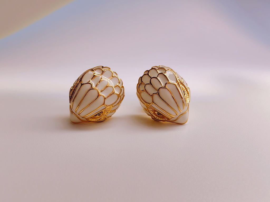 Gold Tone White Enamel Eagle Head Stud Earrings