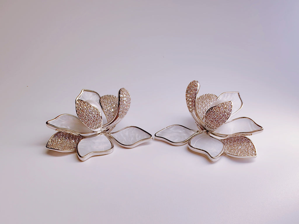 Silver-Plated Cubic Zirconia & Pearl Magnolia Stud Earrings
