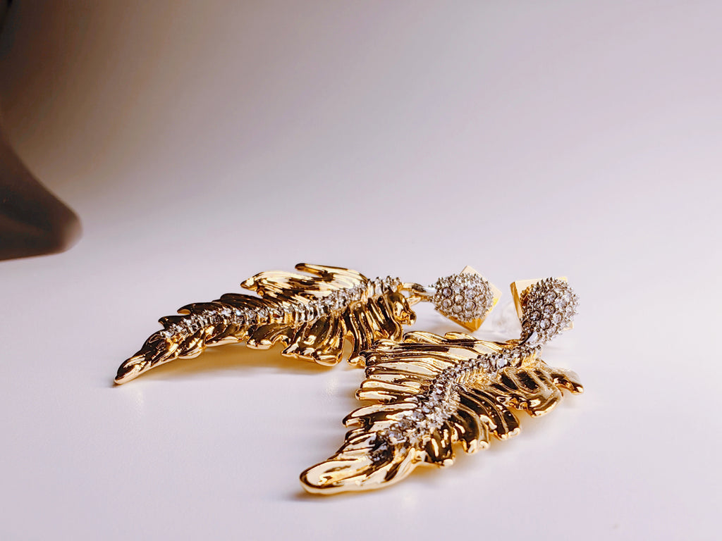 Gold-Plated Feather Drop Earrings with Pave CZ
