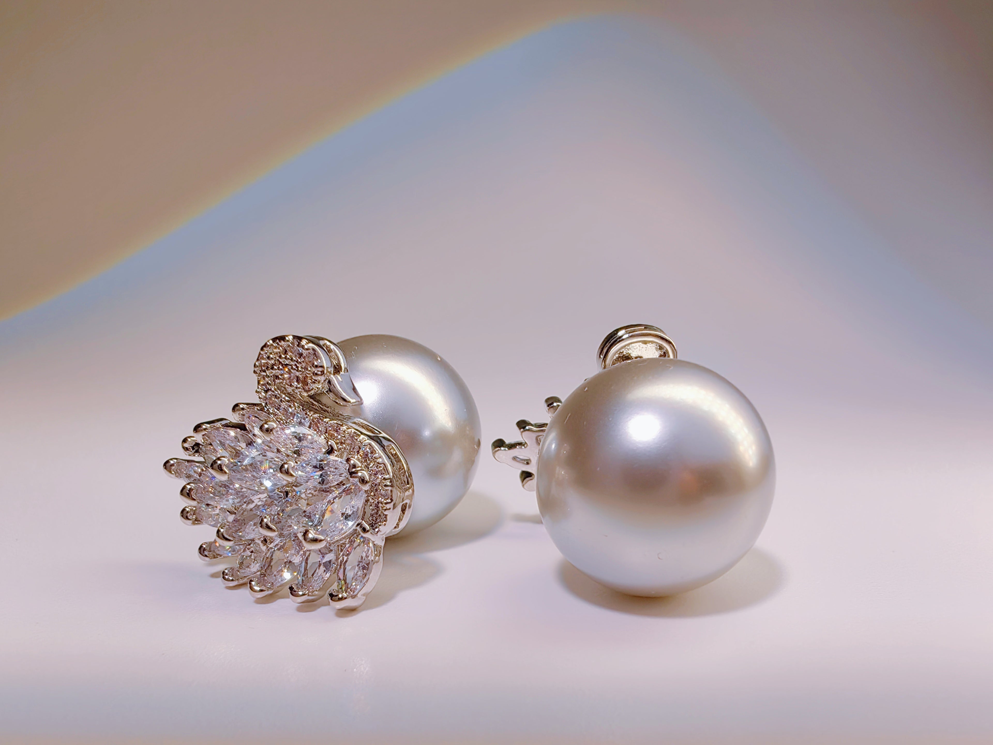 Cubic Zirconia Swan & Faux Pearl Reversible Studs