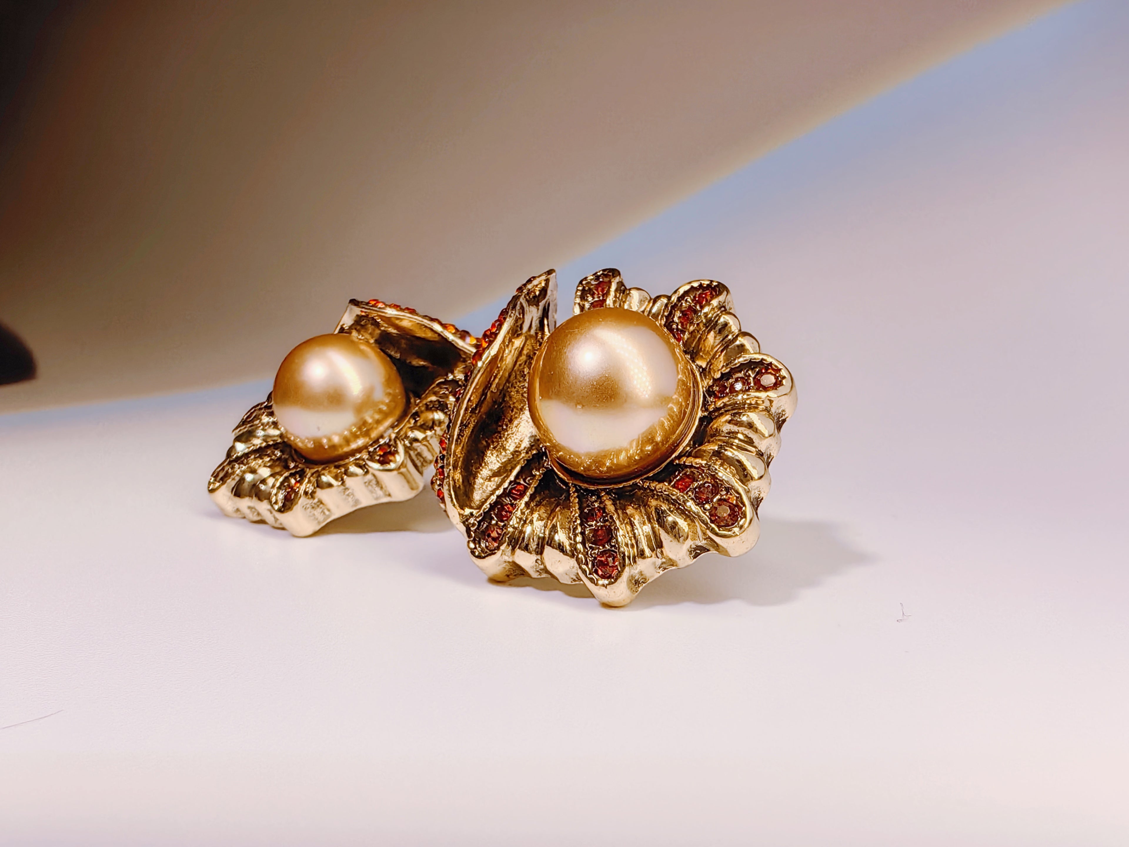 Antique Style Champagne Pearl & Red Crystal Studs