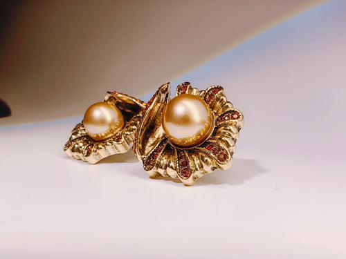 Antique Style Champagne Pearl & Red Crystal Studs