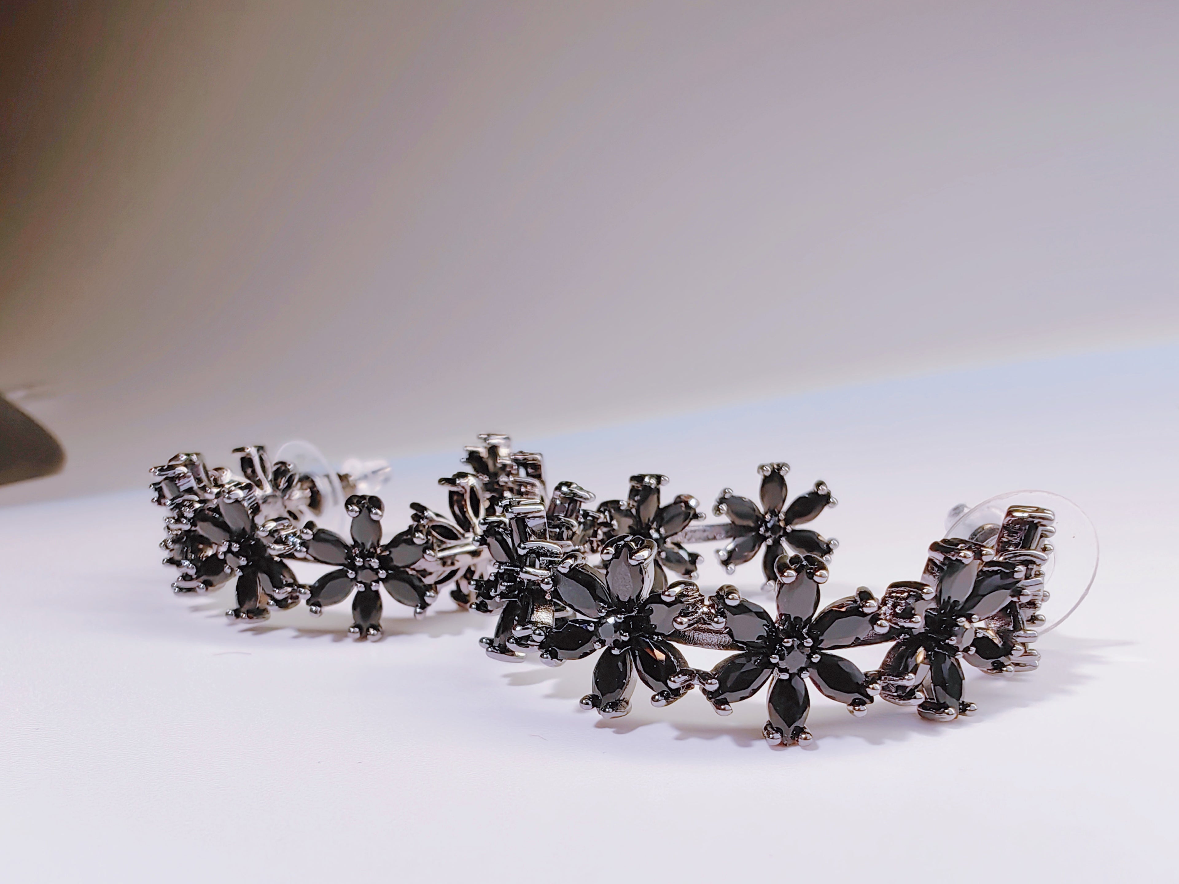 Gunmetal-Tone Black Crystal Flower Hoop Earrings