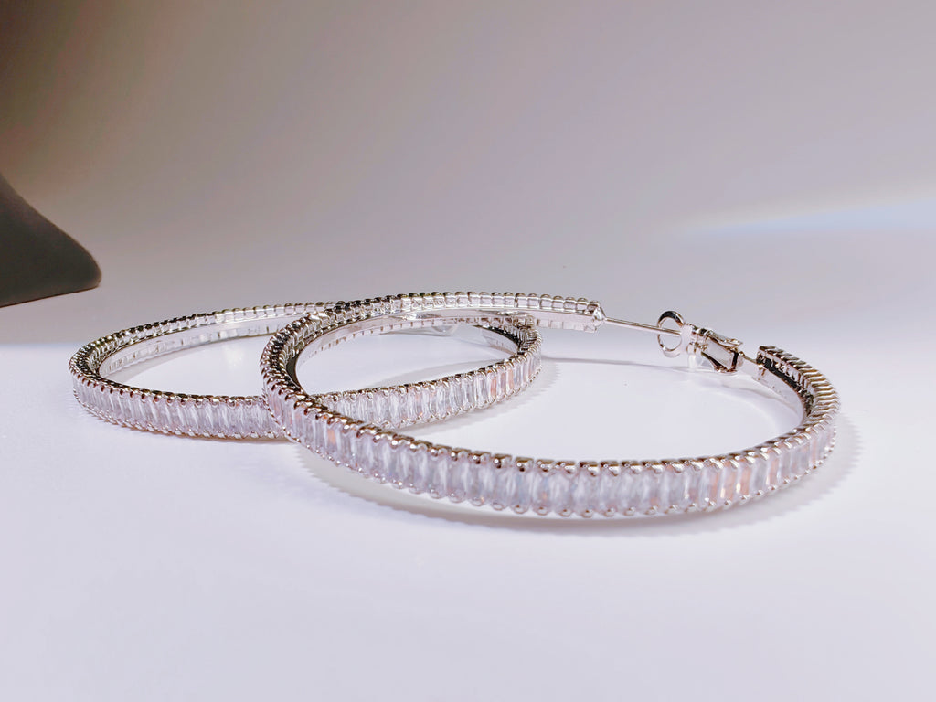 Silver-Tone Baguette Cut CZ Hoop Earrings
