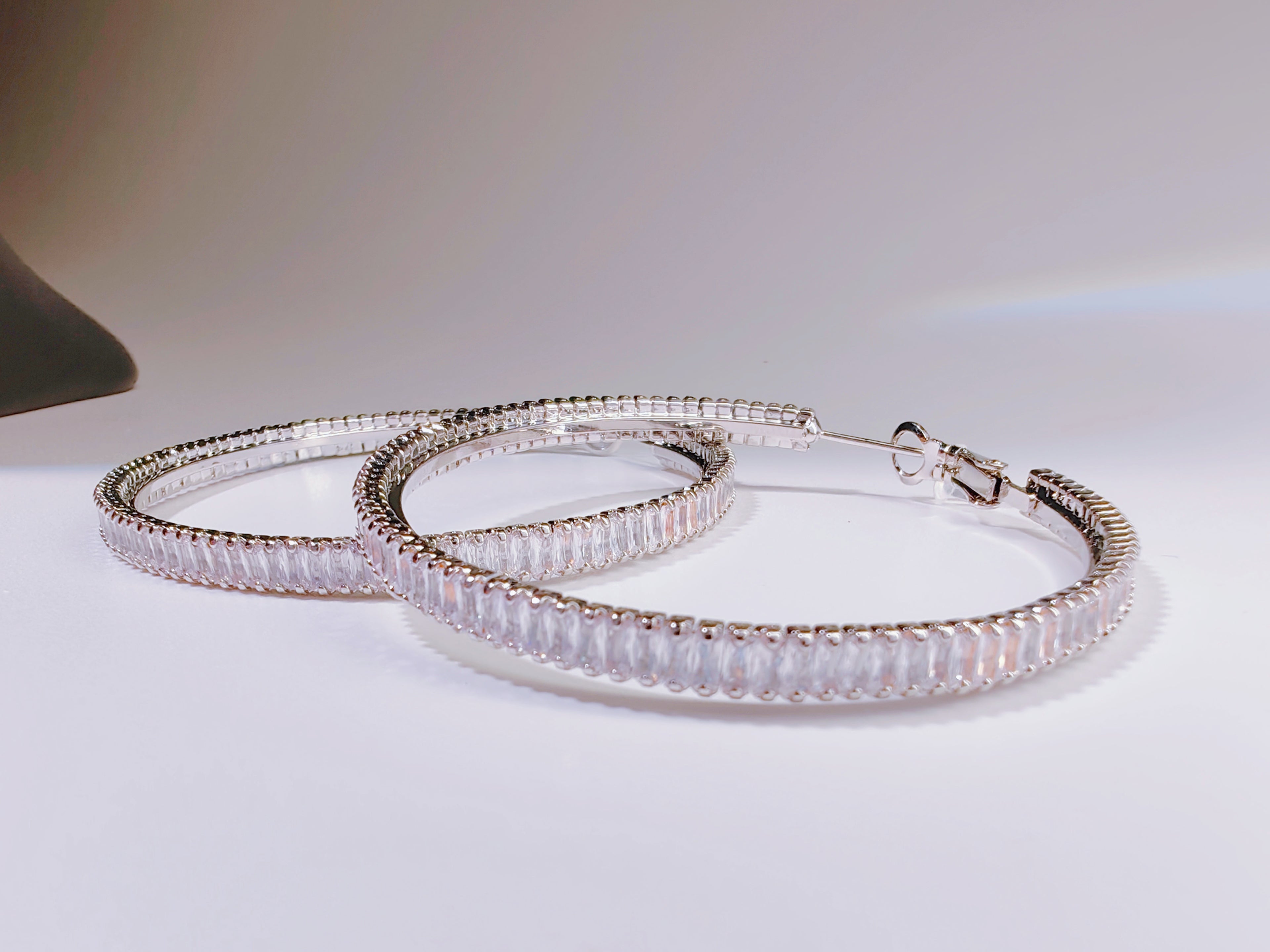 Silver-Tone Baguette Cut CZ Hoop Earrings