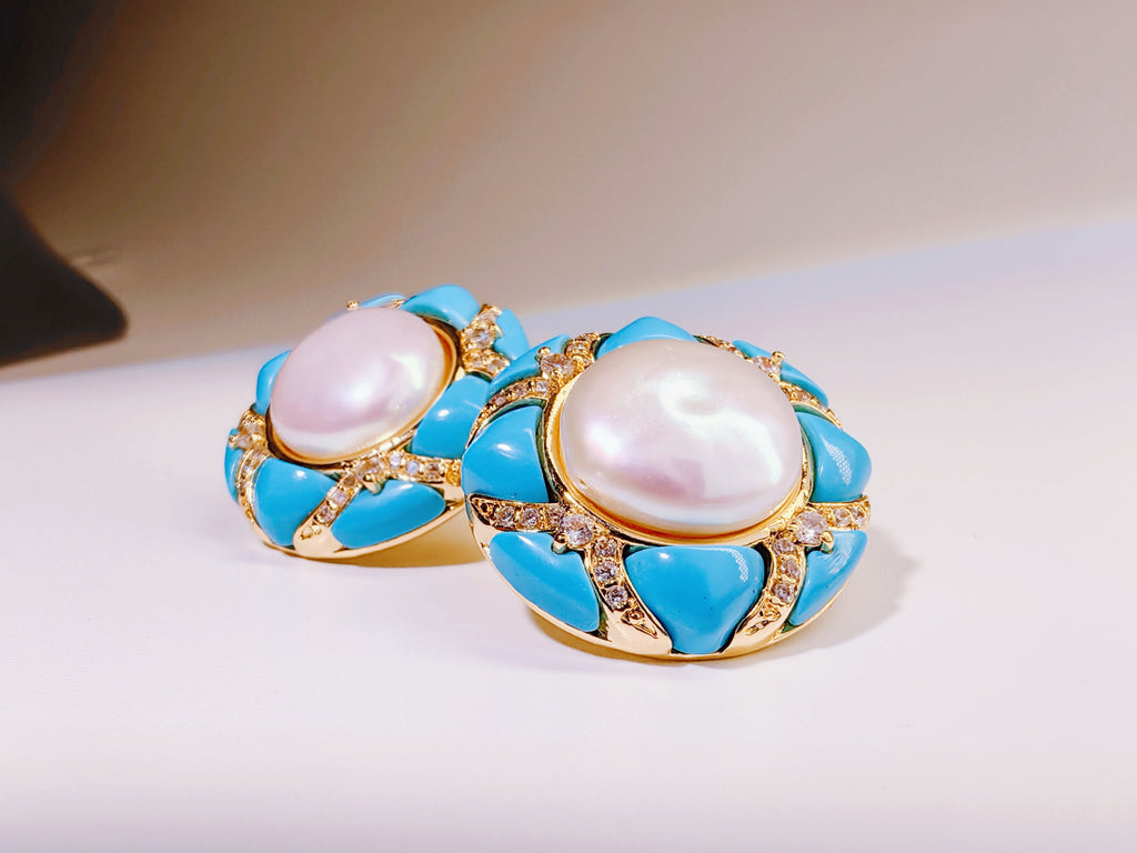 Gold-Tone Turquoise & Baroque Pearl Stud Earrings