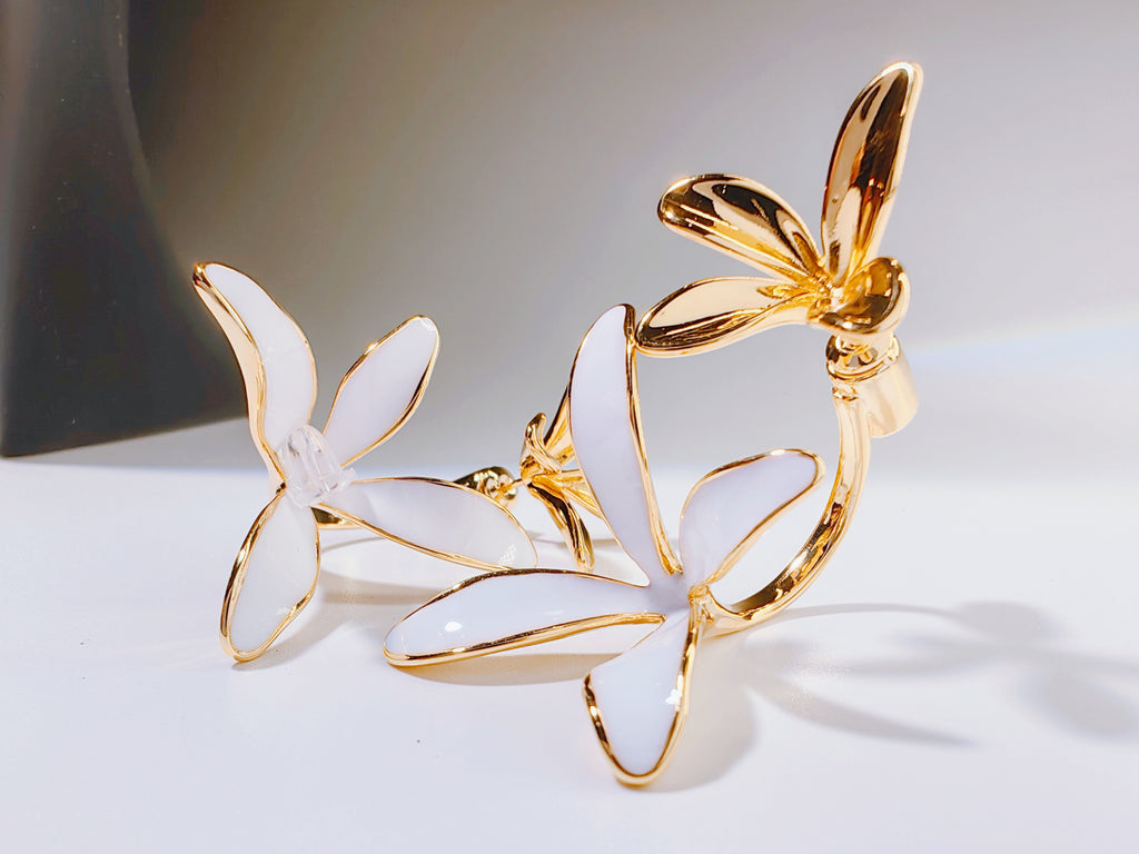 Gold-Tone White Enamel Flower Hoop Earrings