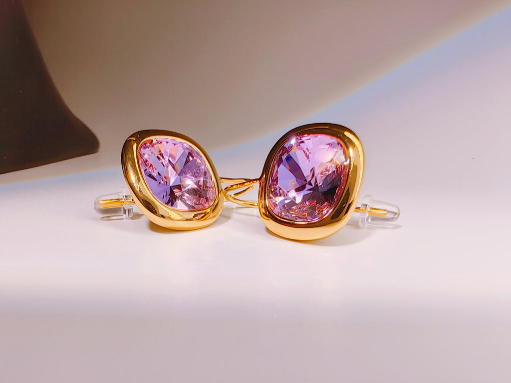 Gold Bezel Set Lavender Pink Crystal Stud Earrings