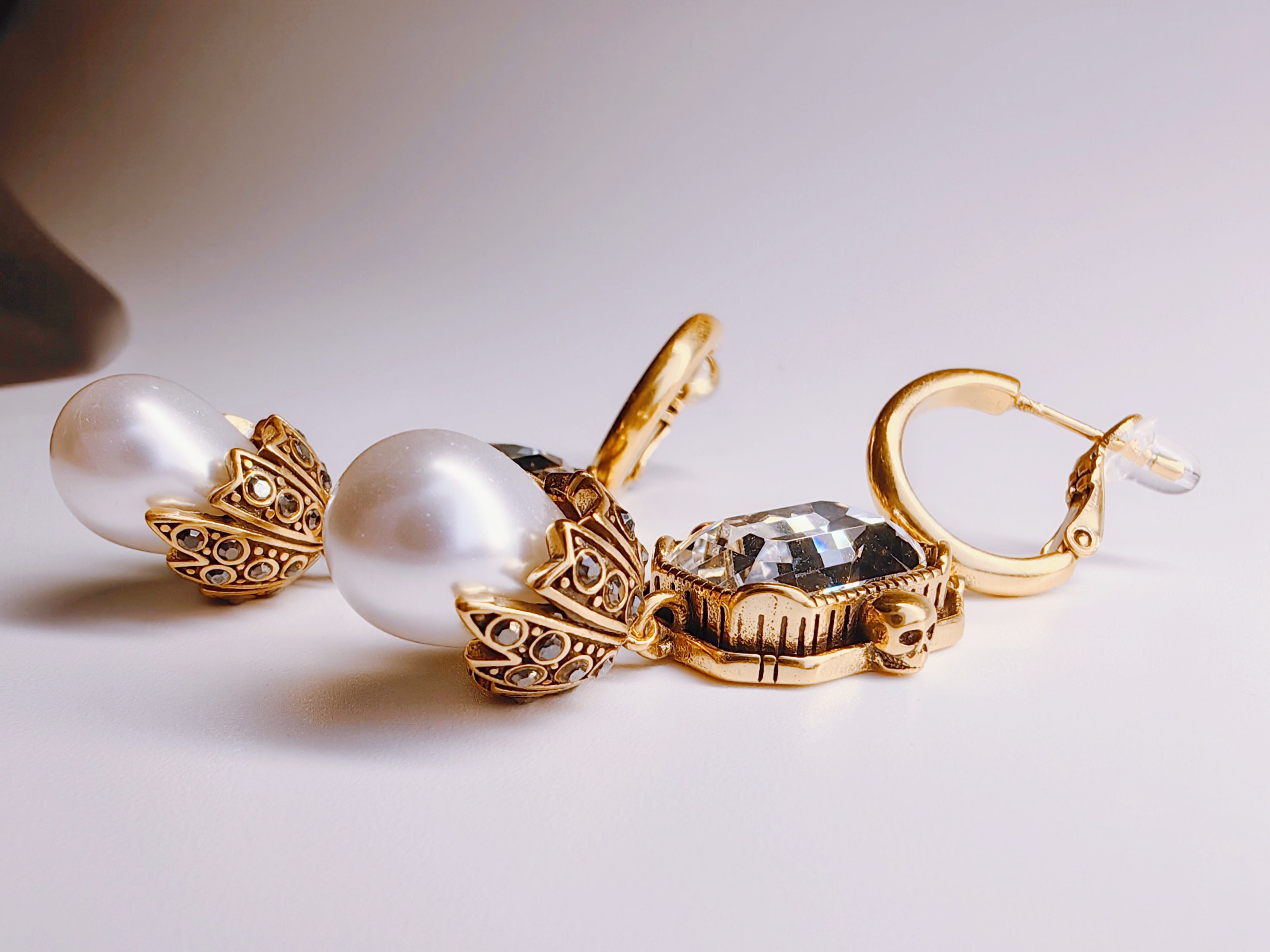 Antique Gold Skull & Pearl Drop Earrings