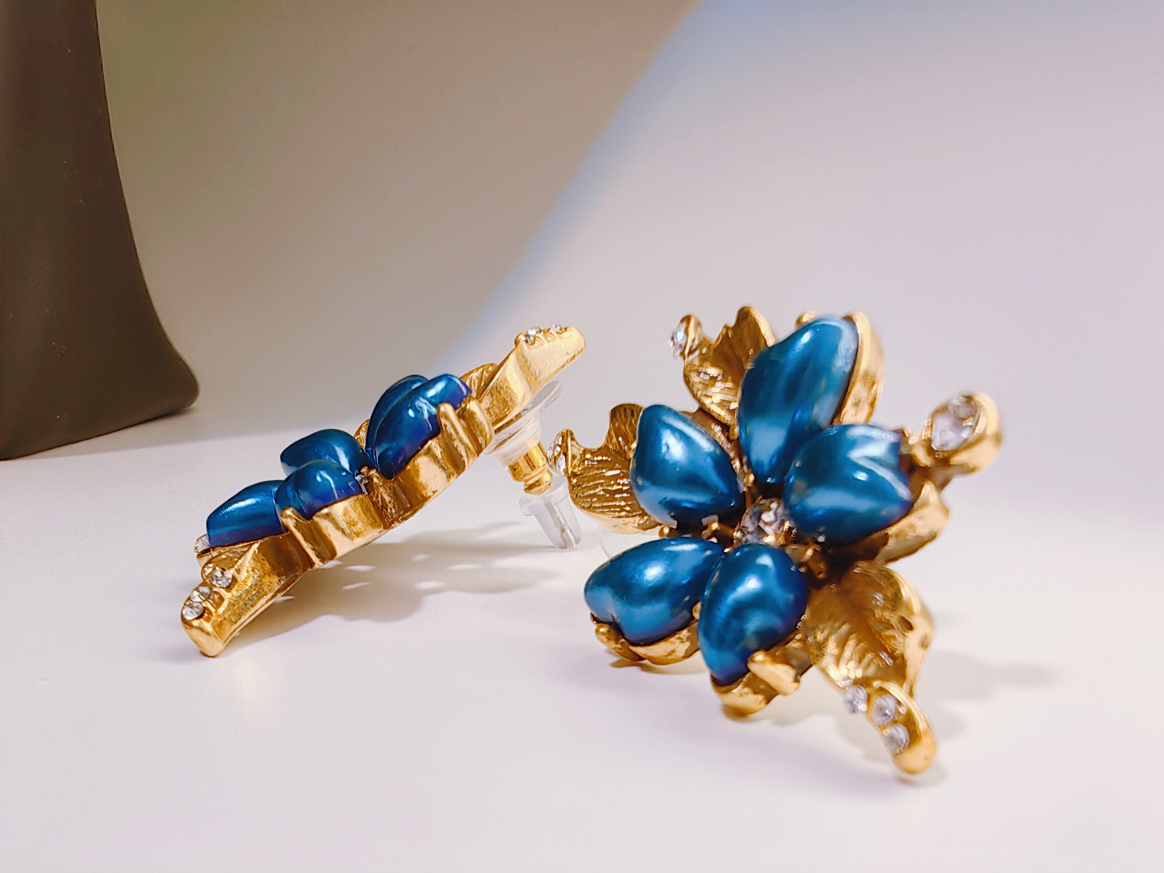 Midnight Blue Petal & Gold Statement Earrings