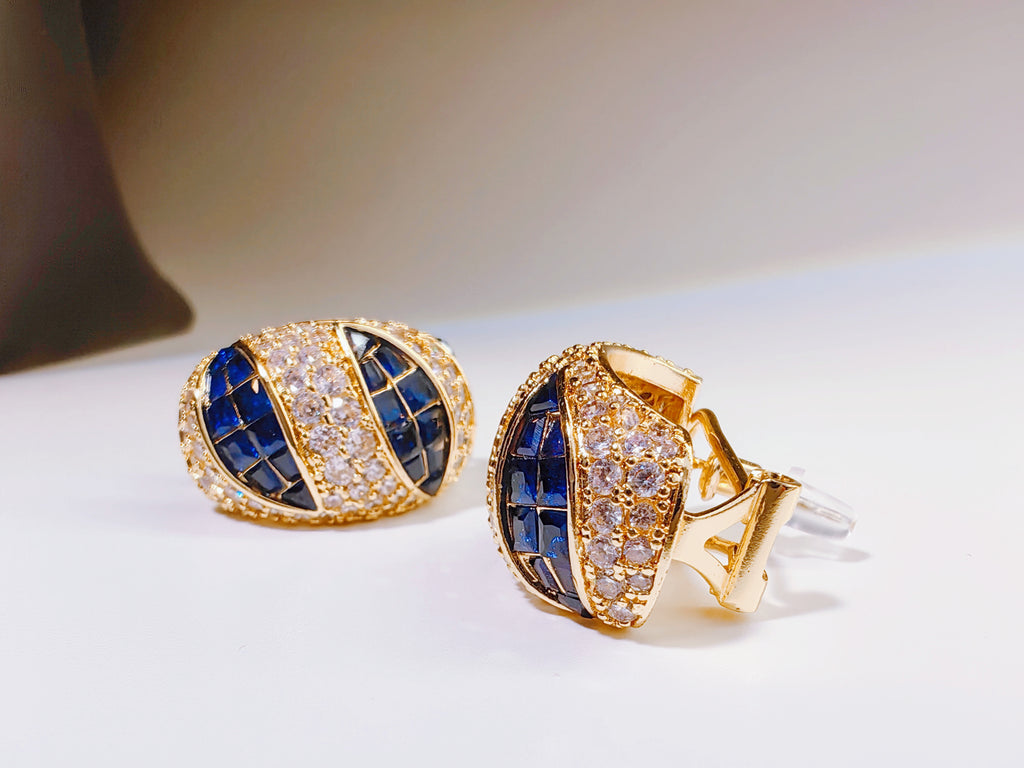 Gold-Tone Navy Blue and Clear CZ Huggie Earrings