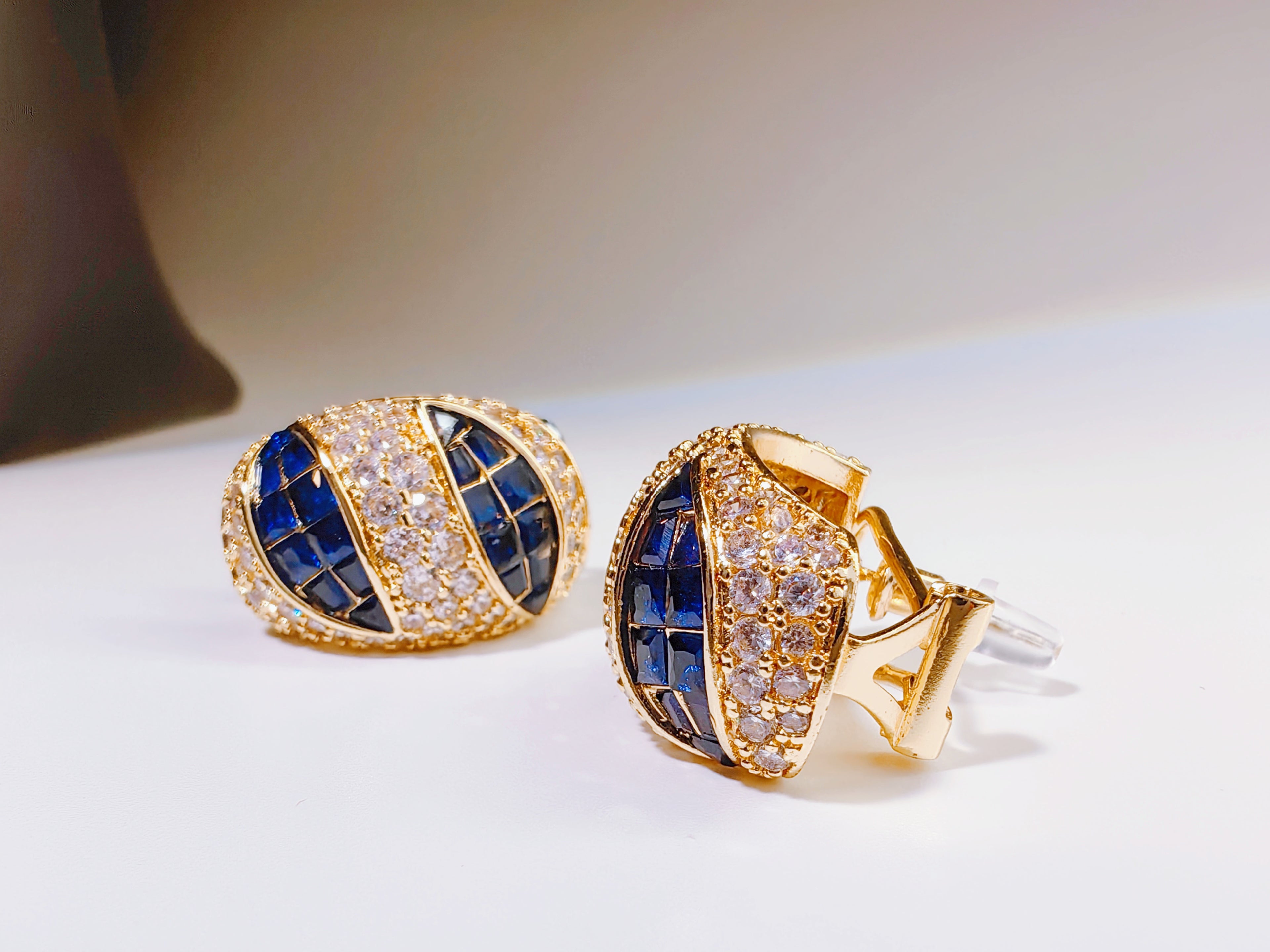 Gold-Tone Navy Blue and Clear CZ Huggie Earrings