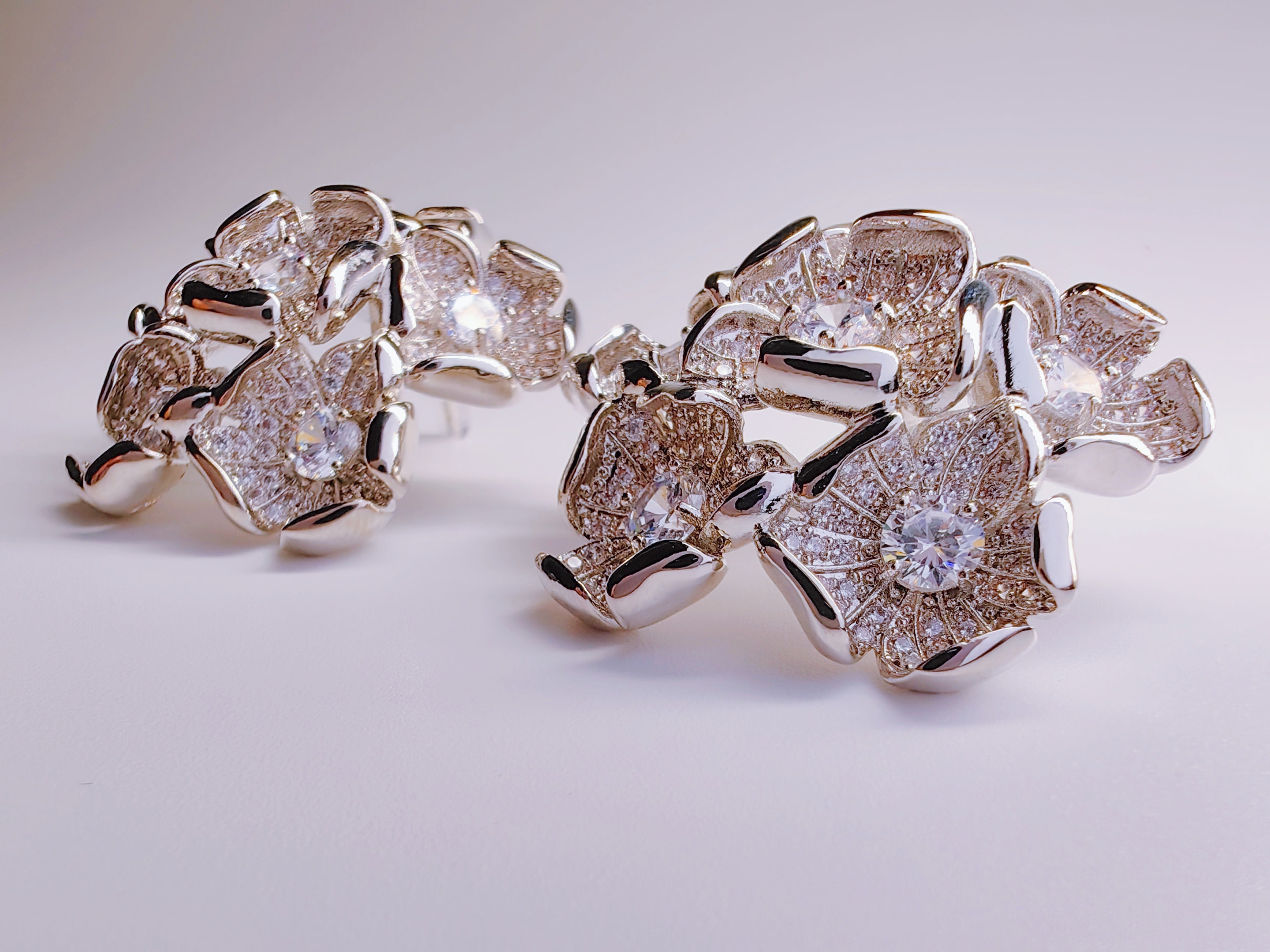 Silver-Tone CZ Flower Cluster Stud Earrings