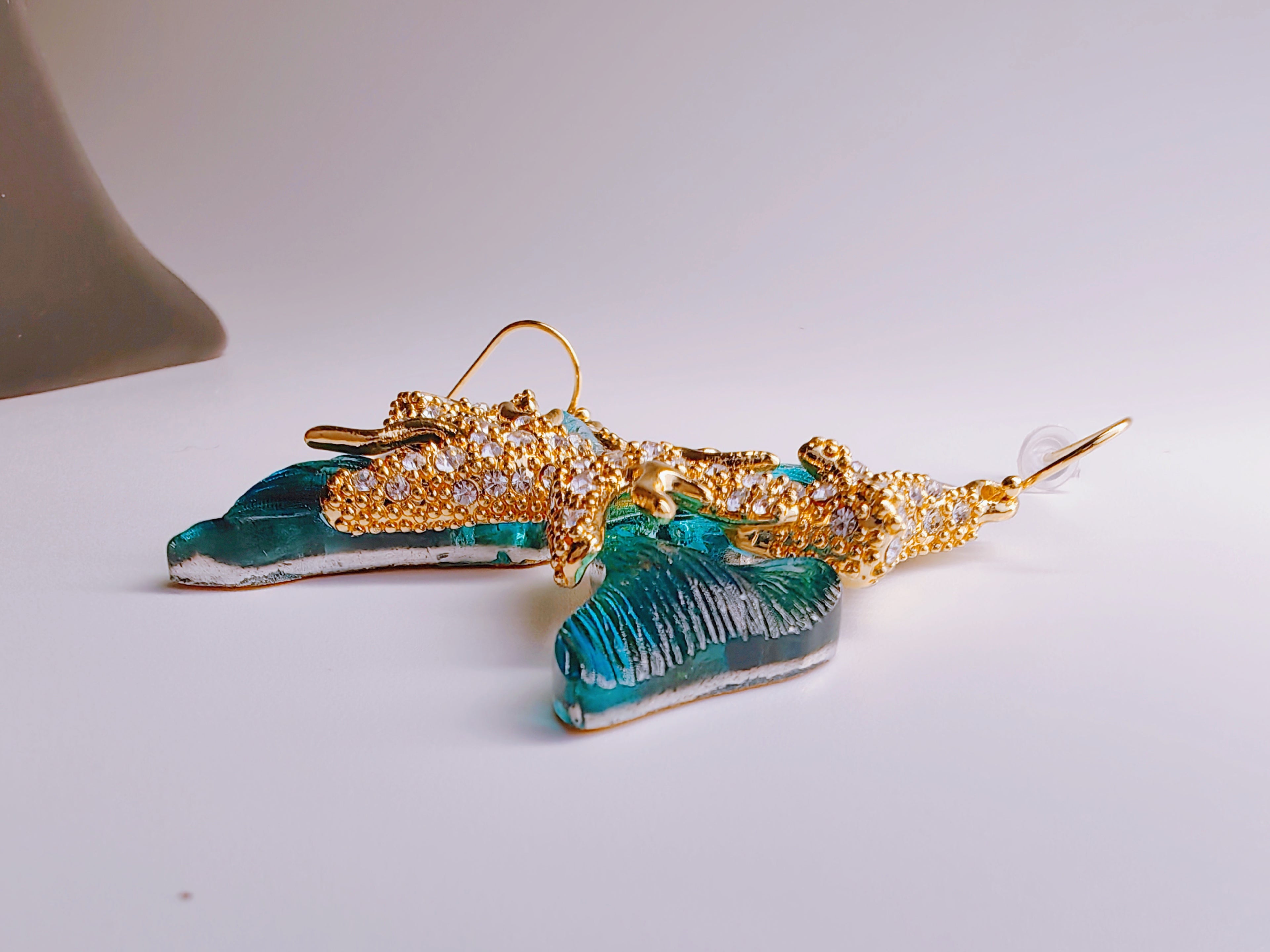 Gold-Plated Teal Enamel & CZ Butterfly Drop Earrings