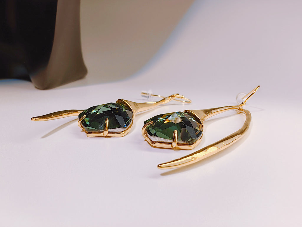 Gold-Plated Green Crystal Abstract Drop Earrings