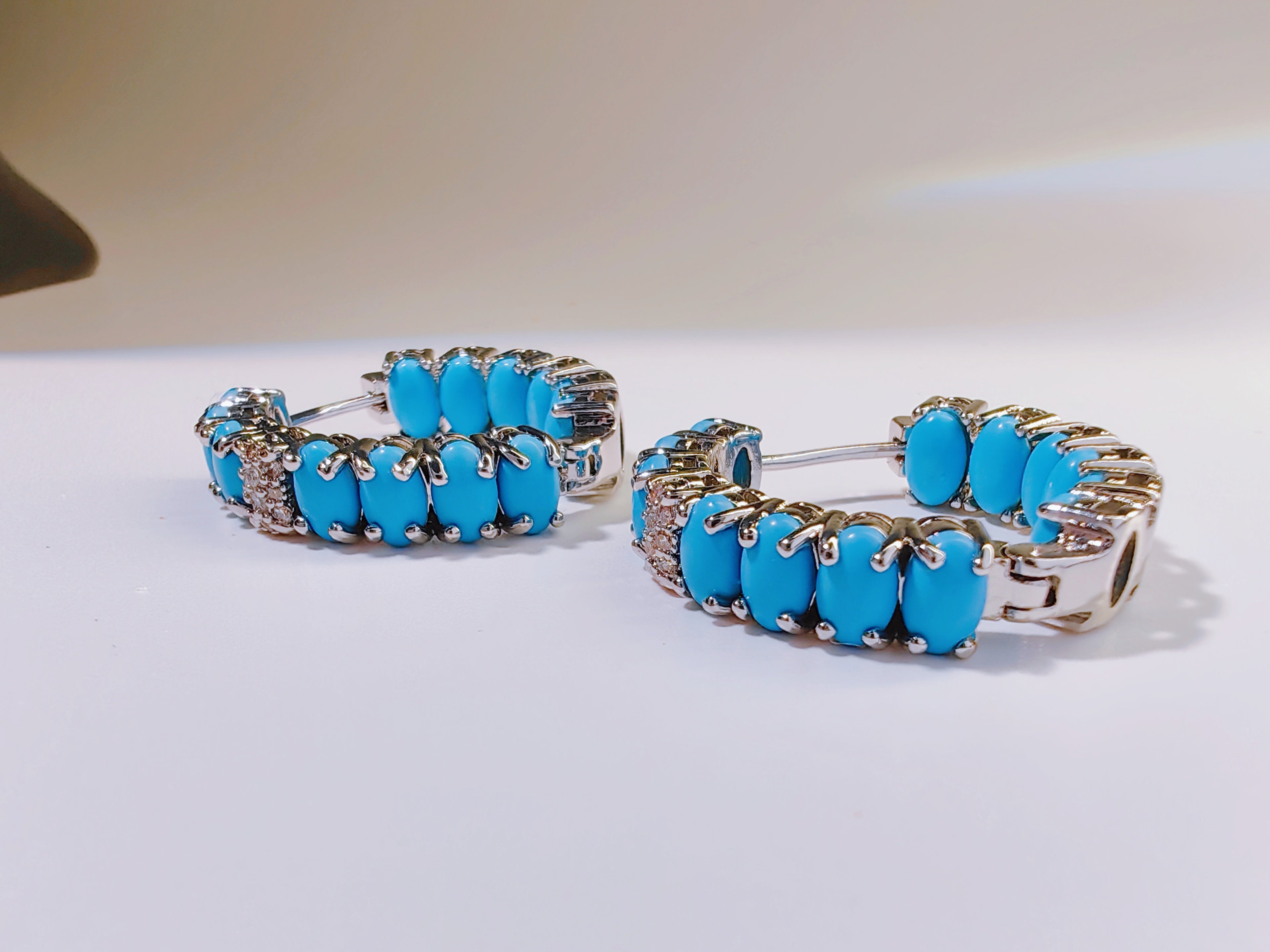 Silver-Tone Turquoise CZ Hoop Earrings