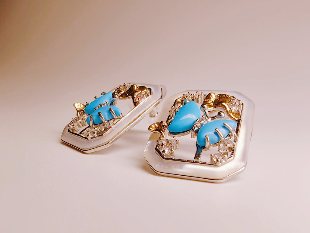 Silver-Plated Turquoise Style & Mother-of-Pearl Frame Stud Earrings